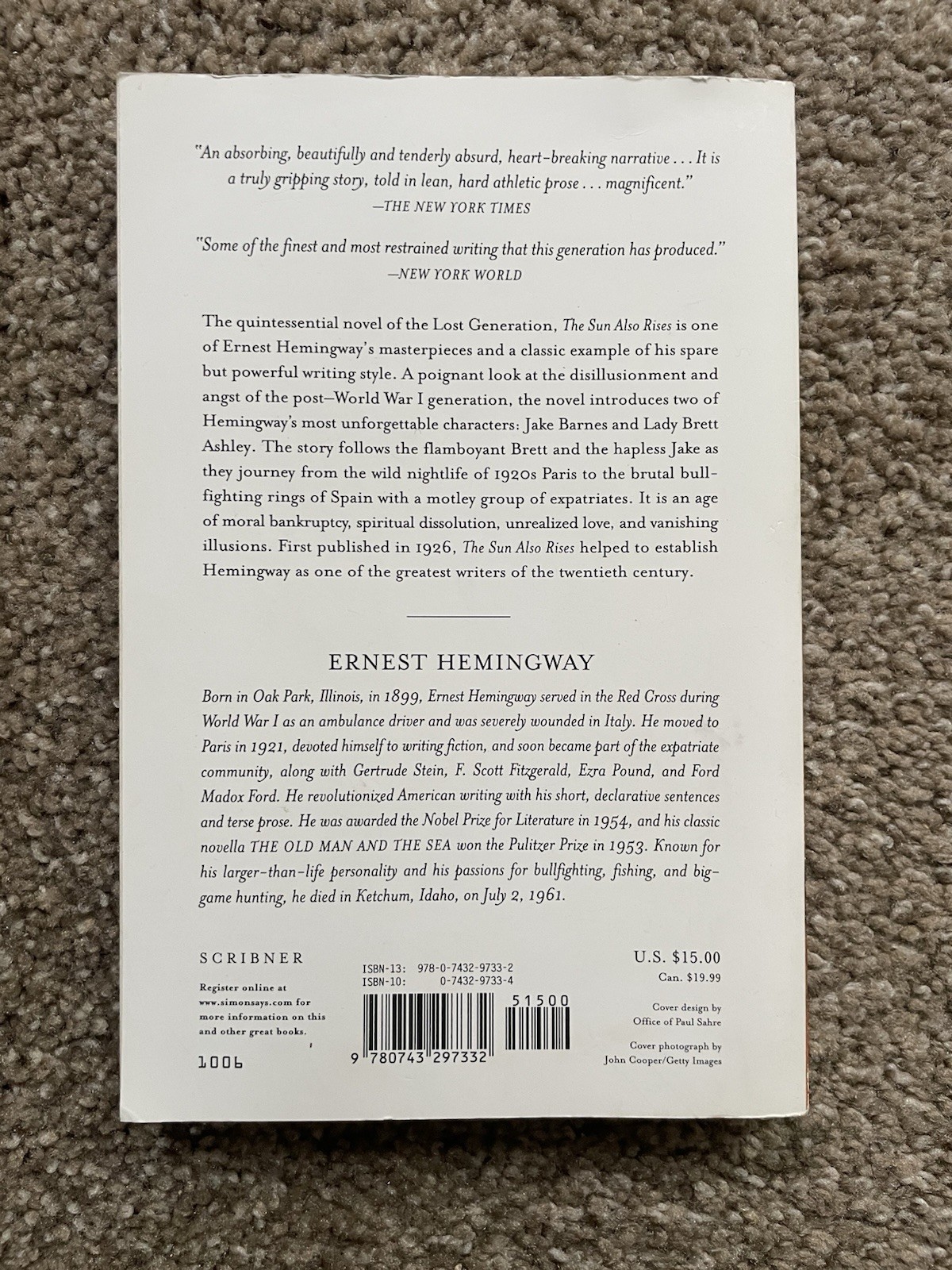 Ernest Hemingway Sun Also Rises Authorized Edition Scribner Paperback 2006