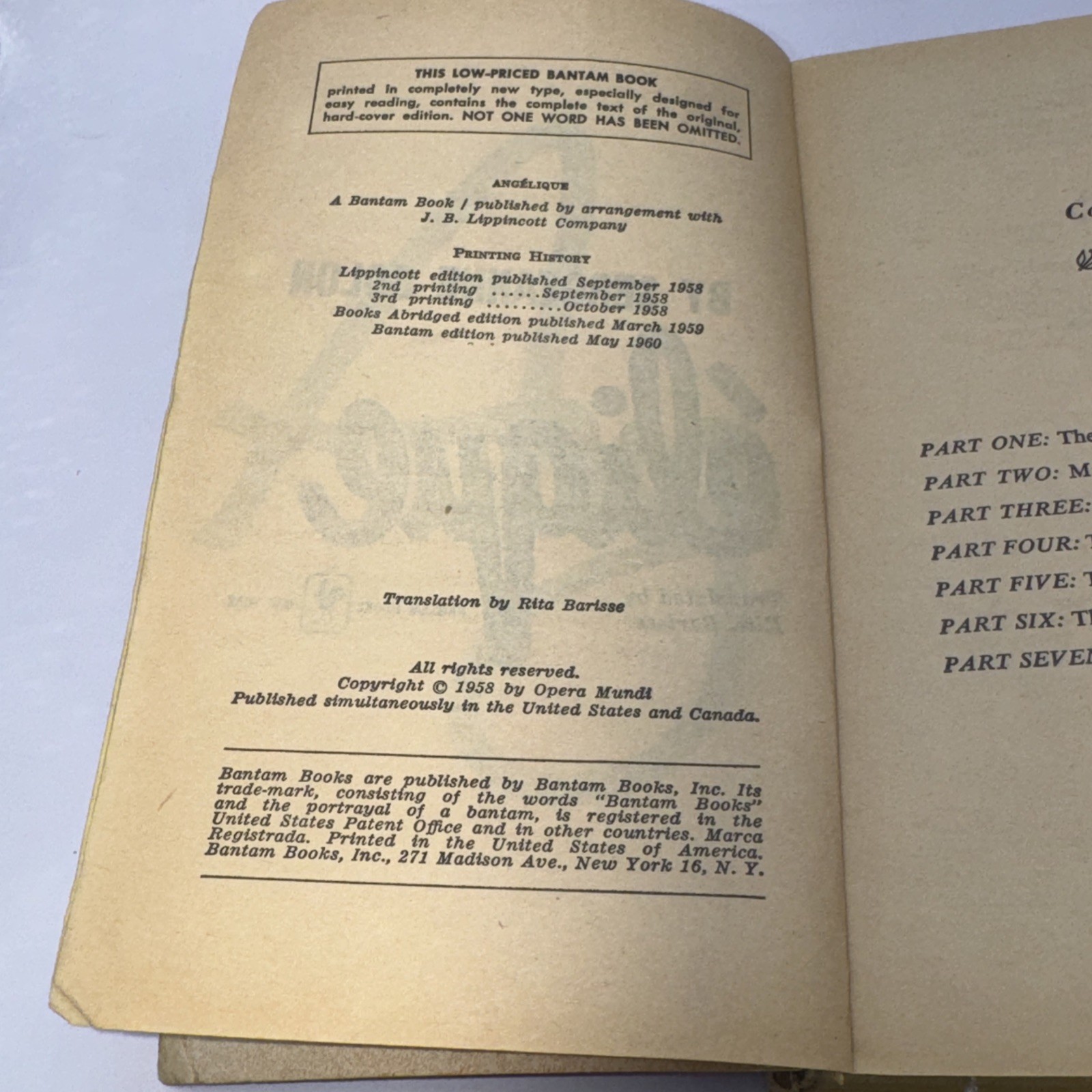 Angelique book 1 by Sergeanne Golon paperback 1960 pub.