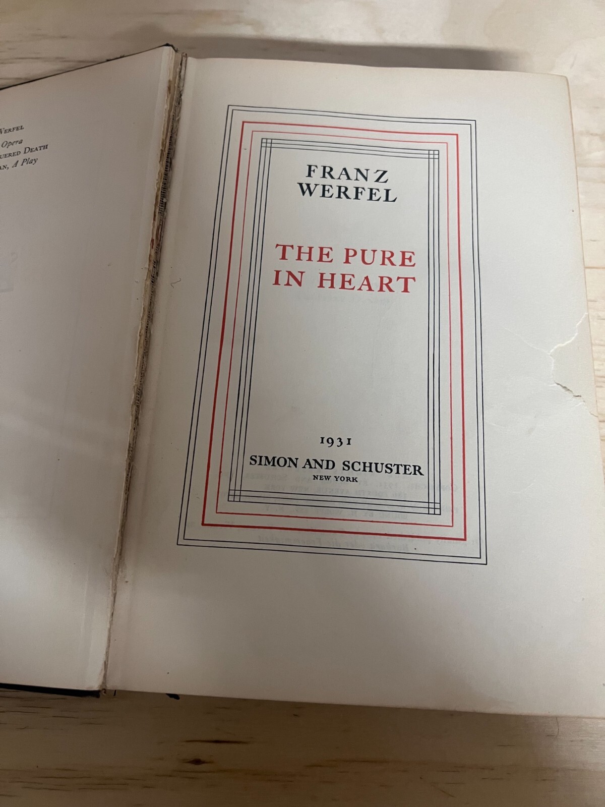 The Pure in Heart by Franz Werfel 1931 hardcover (Simon and Schuster)
