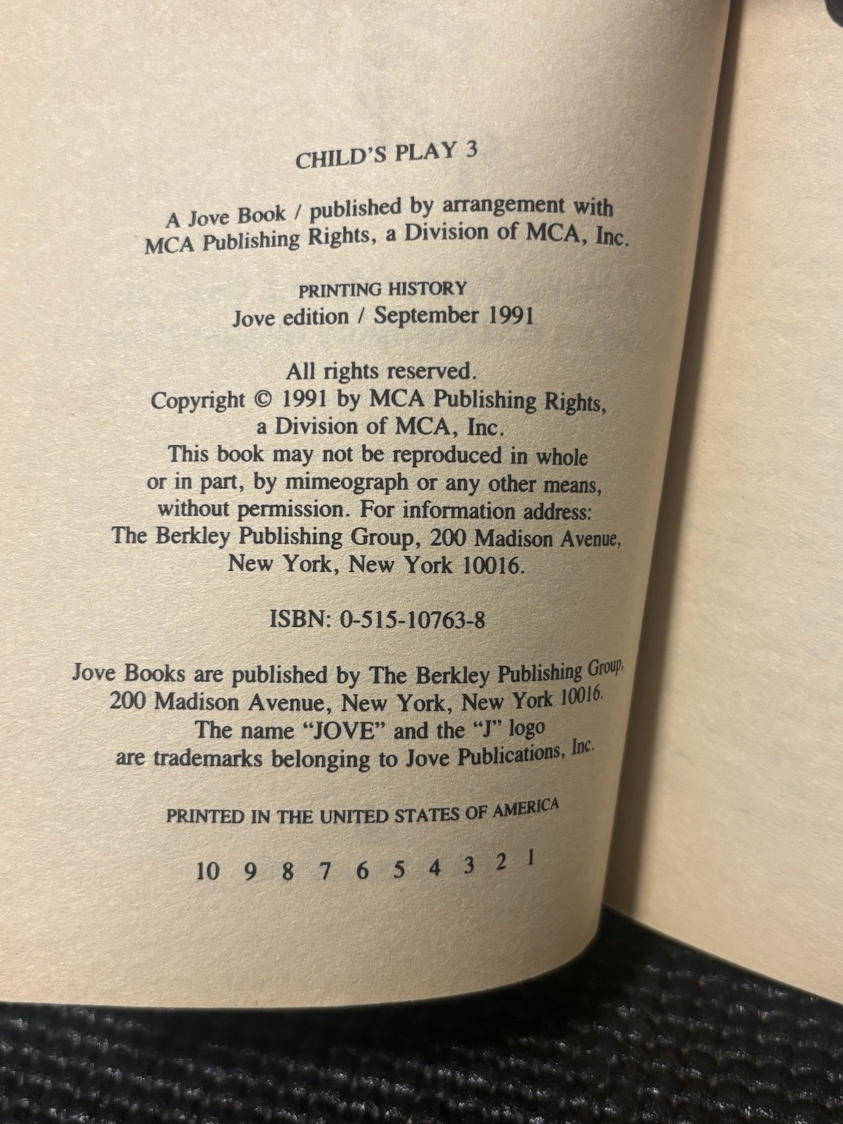 Child’s Play 3 – Matthew J. Costello – Movie Tie-in 1991 paperback 1st Printing