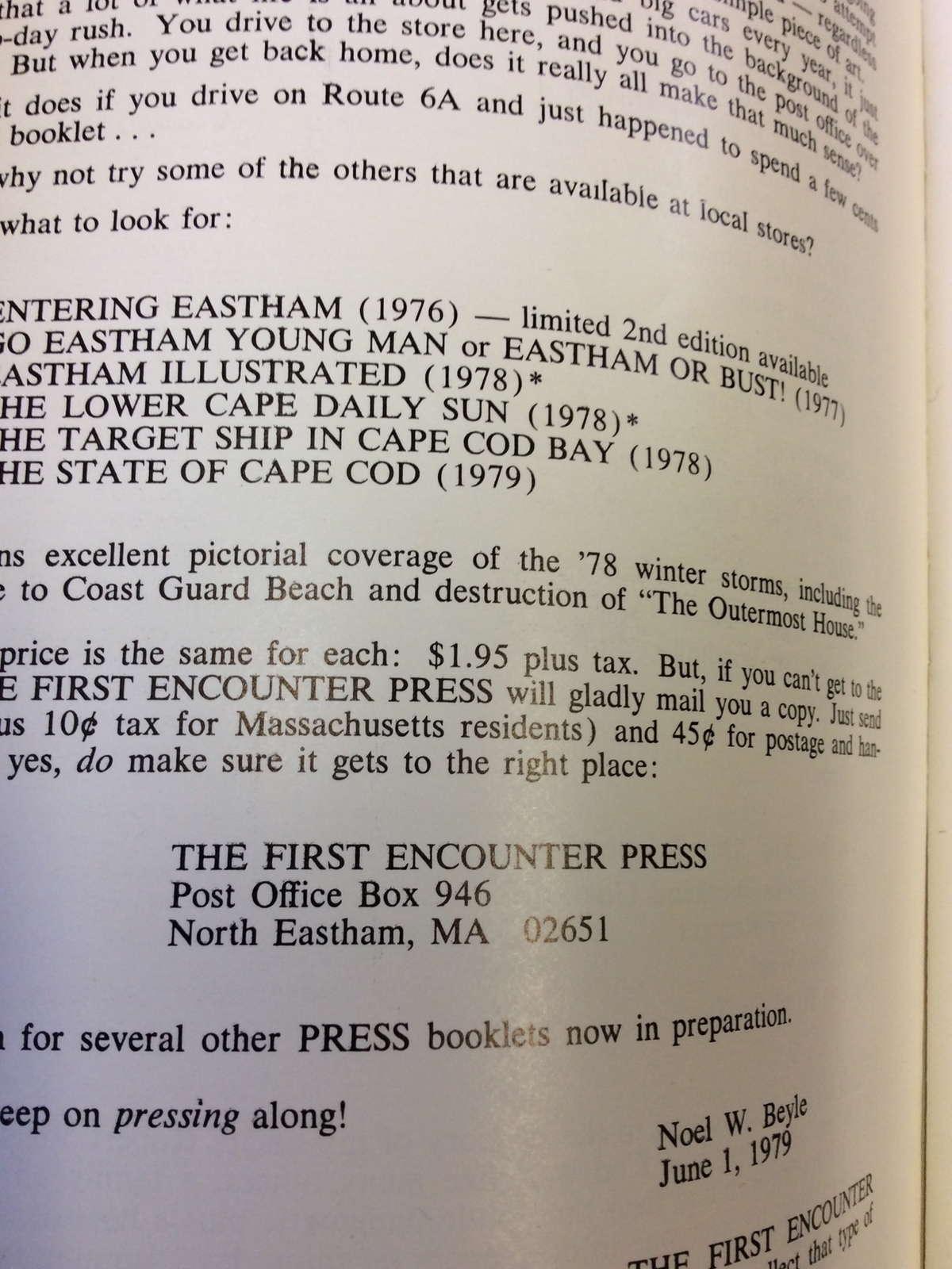 Used 6A All The Way 1979 Signed Noel W Beyle SC 112 Pages Cape Cod U