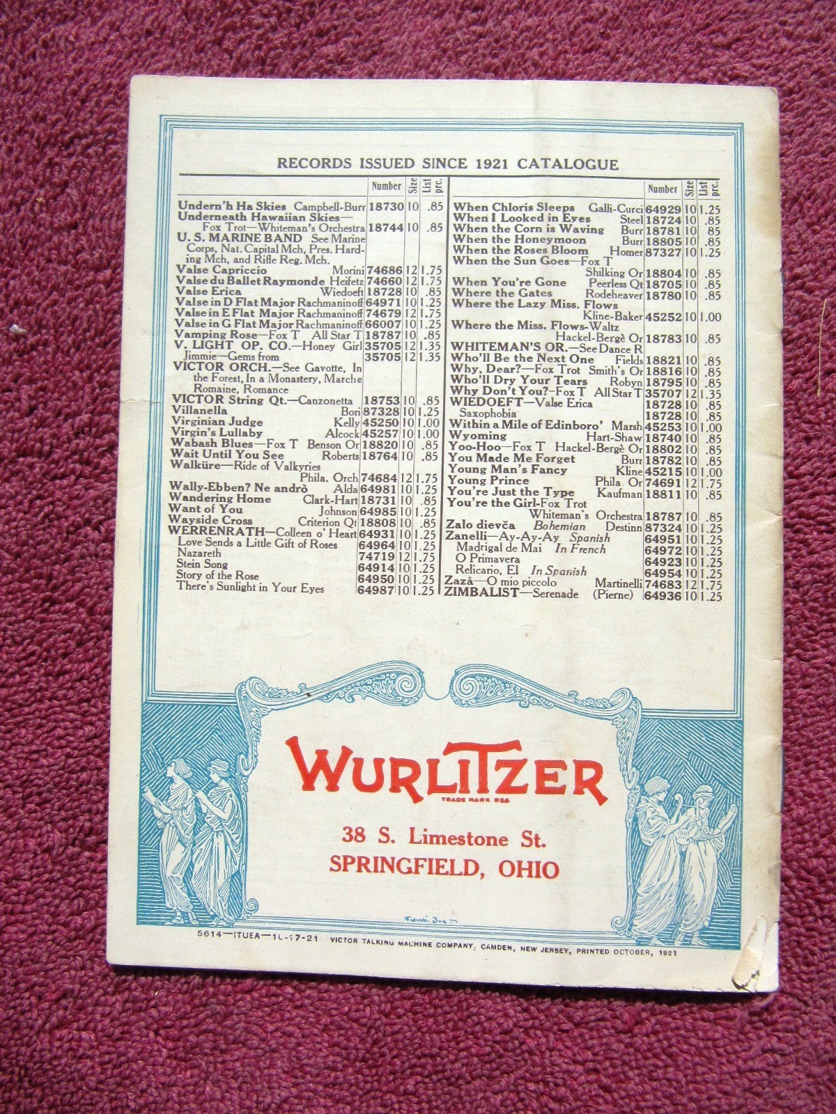 WURLITZER New VICTOR RECORDS Dec 1921 Pearl Fishers Whiteman Rachmaninov CATALOG