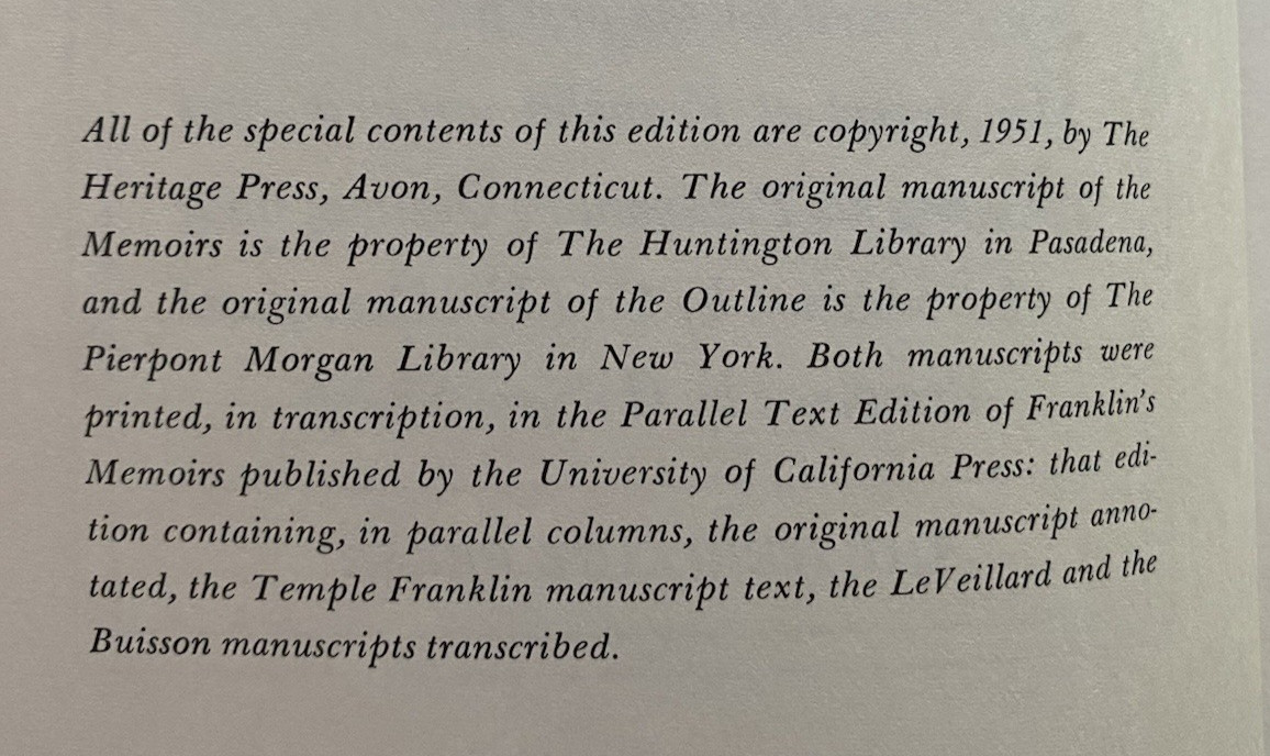 Autobiography of Benjamin Franklin 1951 from Manuscripts HC SC Sandglass Heritag