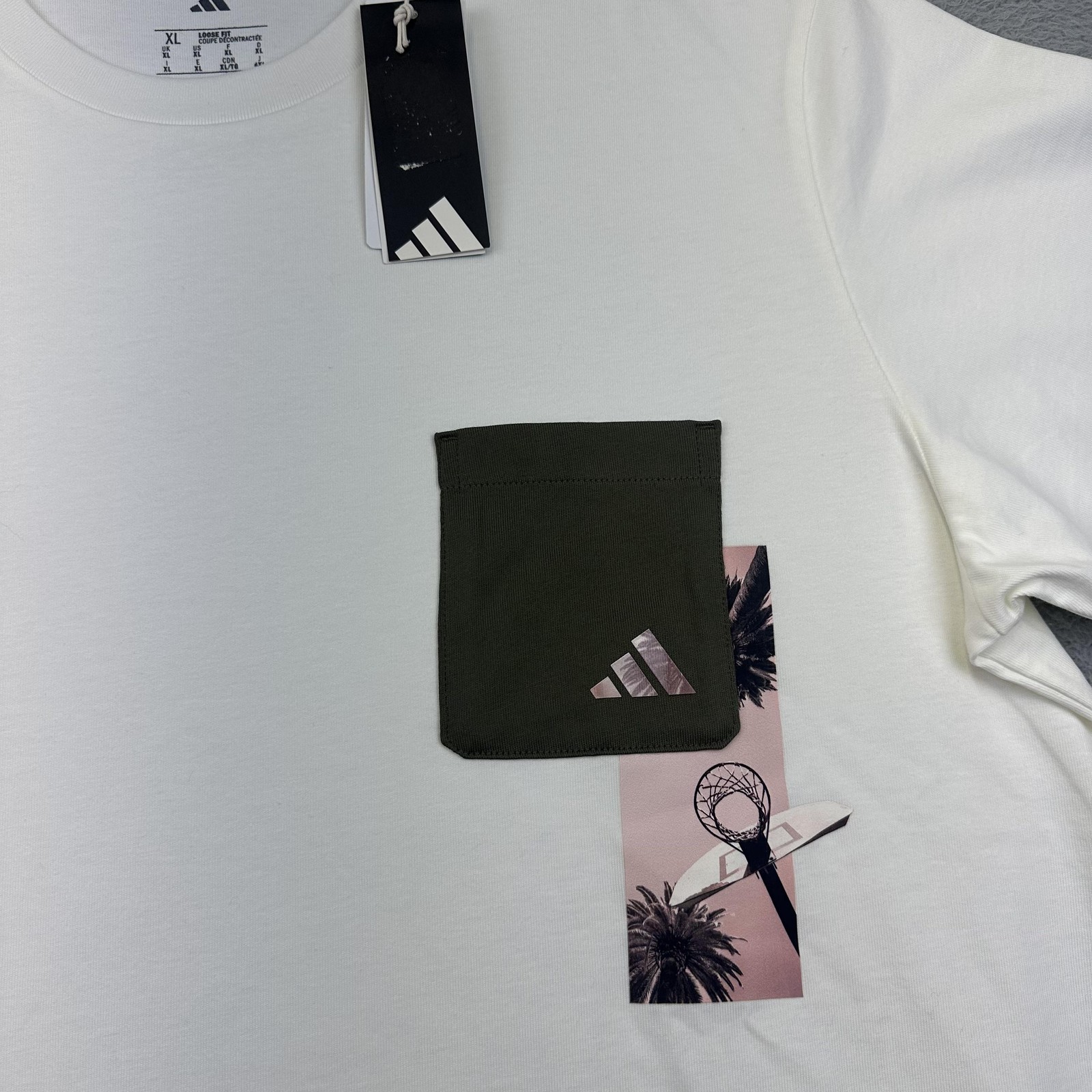 Adidas Shirt Men XL Off White MT Lens Pocket Graphic Loose Fit Cotton Basketball