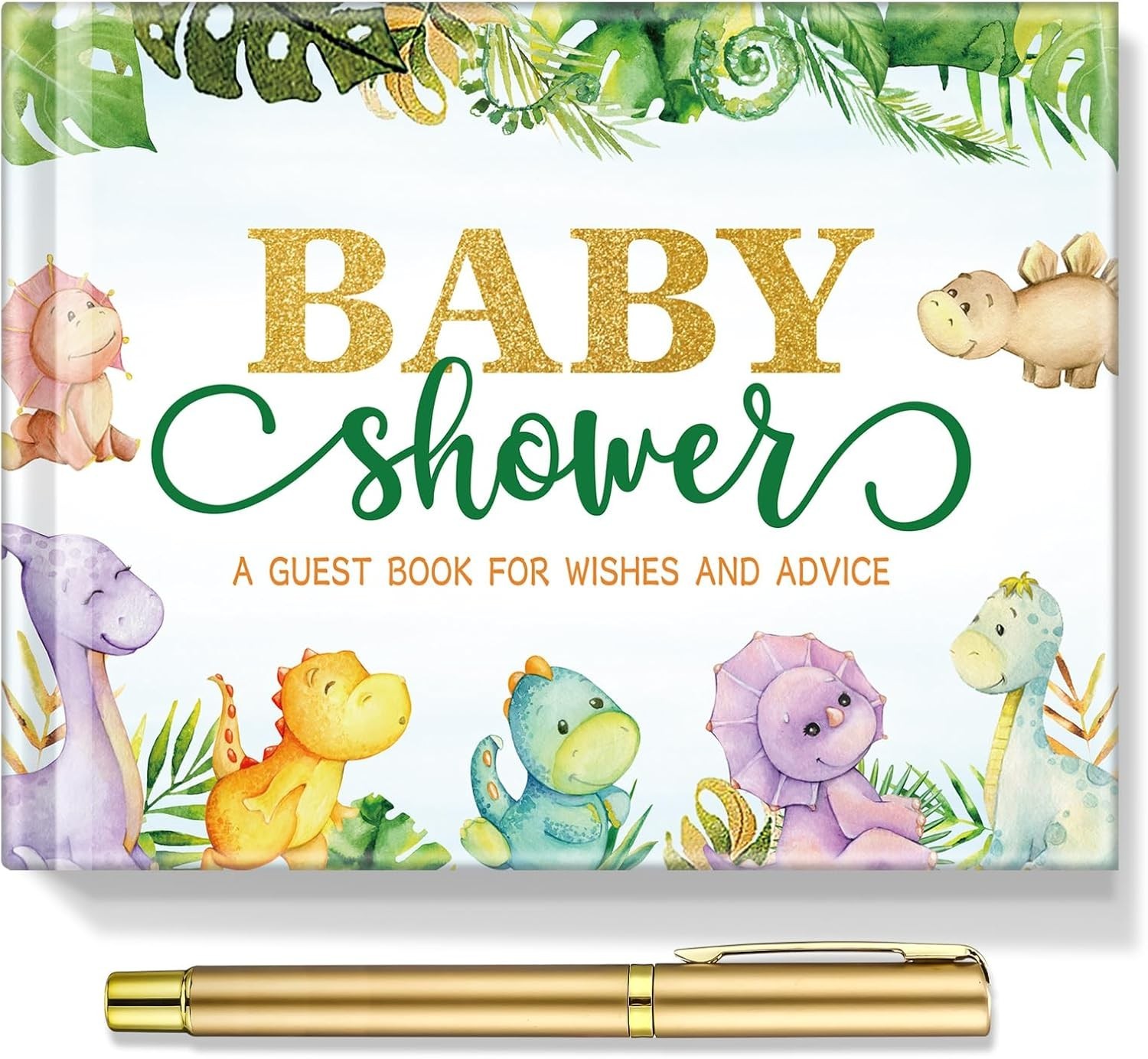 Delicate Dinosaur-Themed Baby Shower Guest Book with Golden Pen & Photo Corners