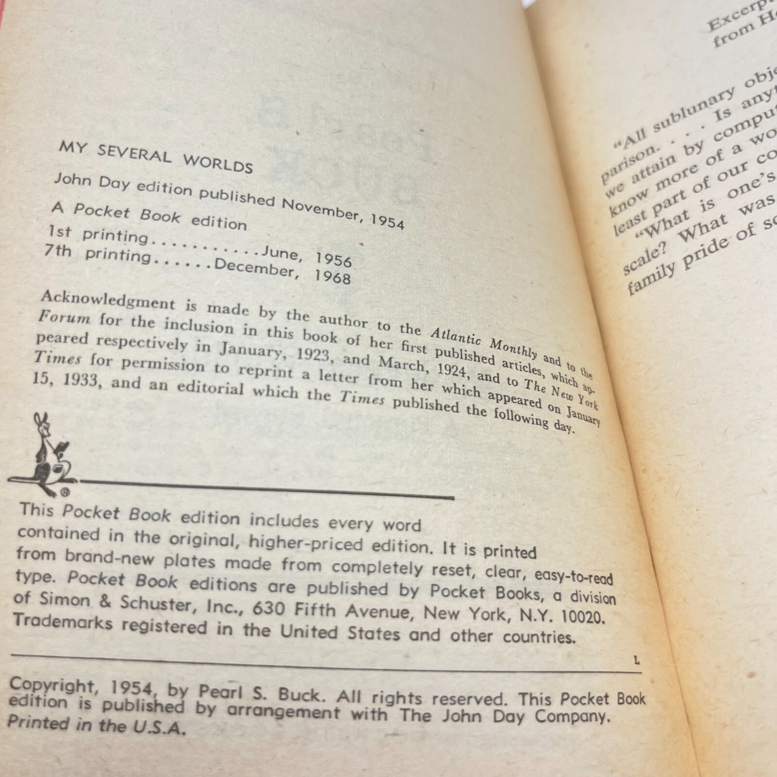 My Several Worlds by Pearl S. Buck 7th Printing Pocket Books PB 1968