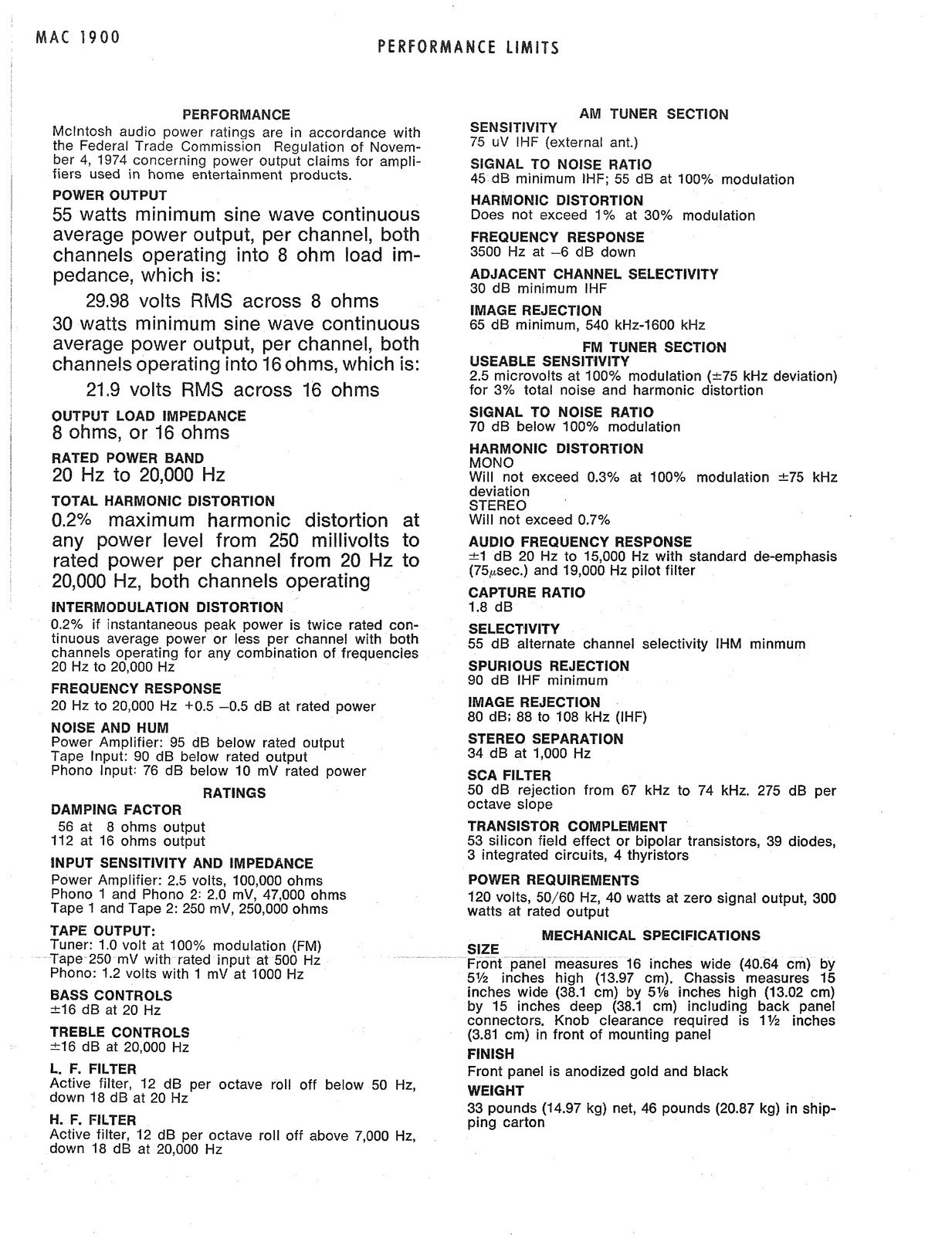 MCINTOSH MAC 1900 AM FM Stereo Receiver Service Information Manual – WIRE BIND