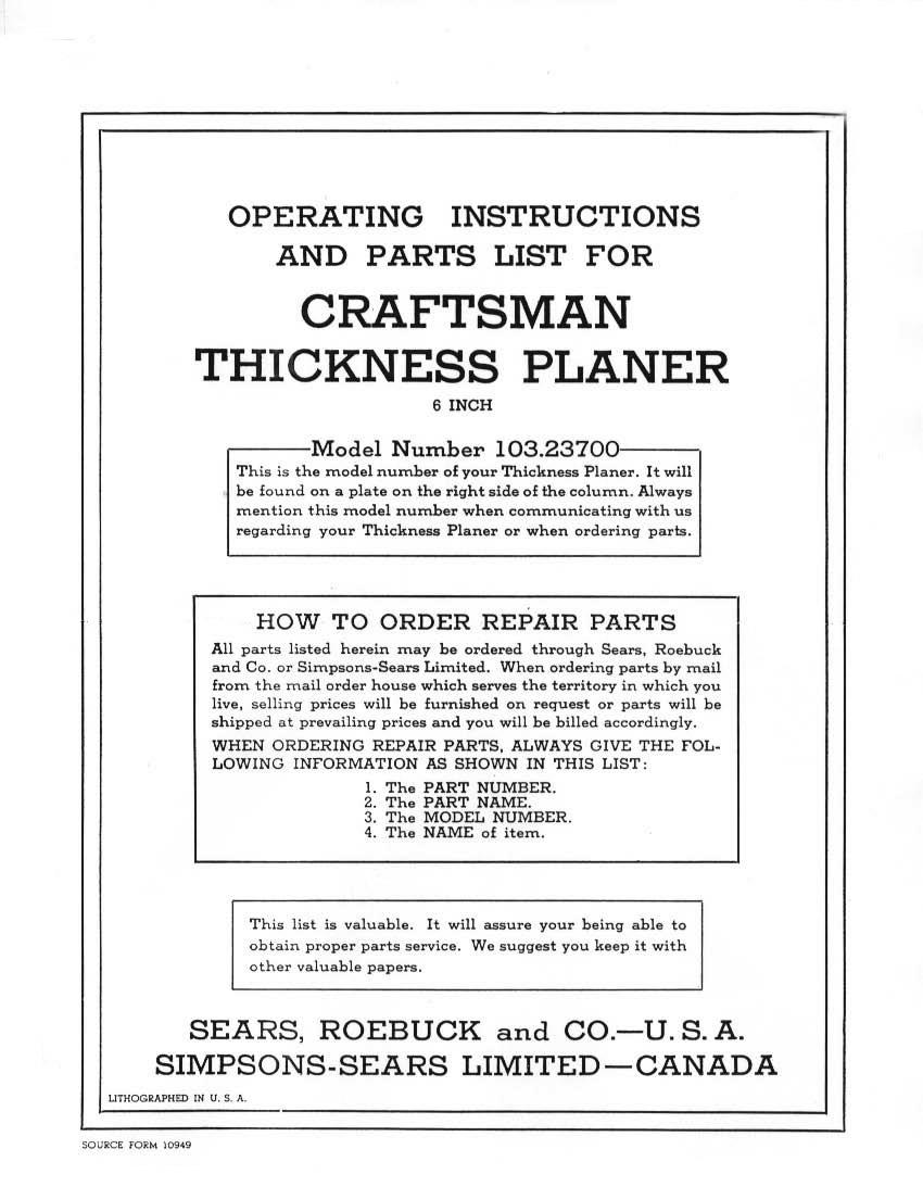 Sears Craftsman 103.23700 6″ Planer Instruction Manual & Parts List: Coil Bound