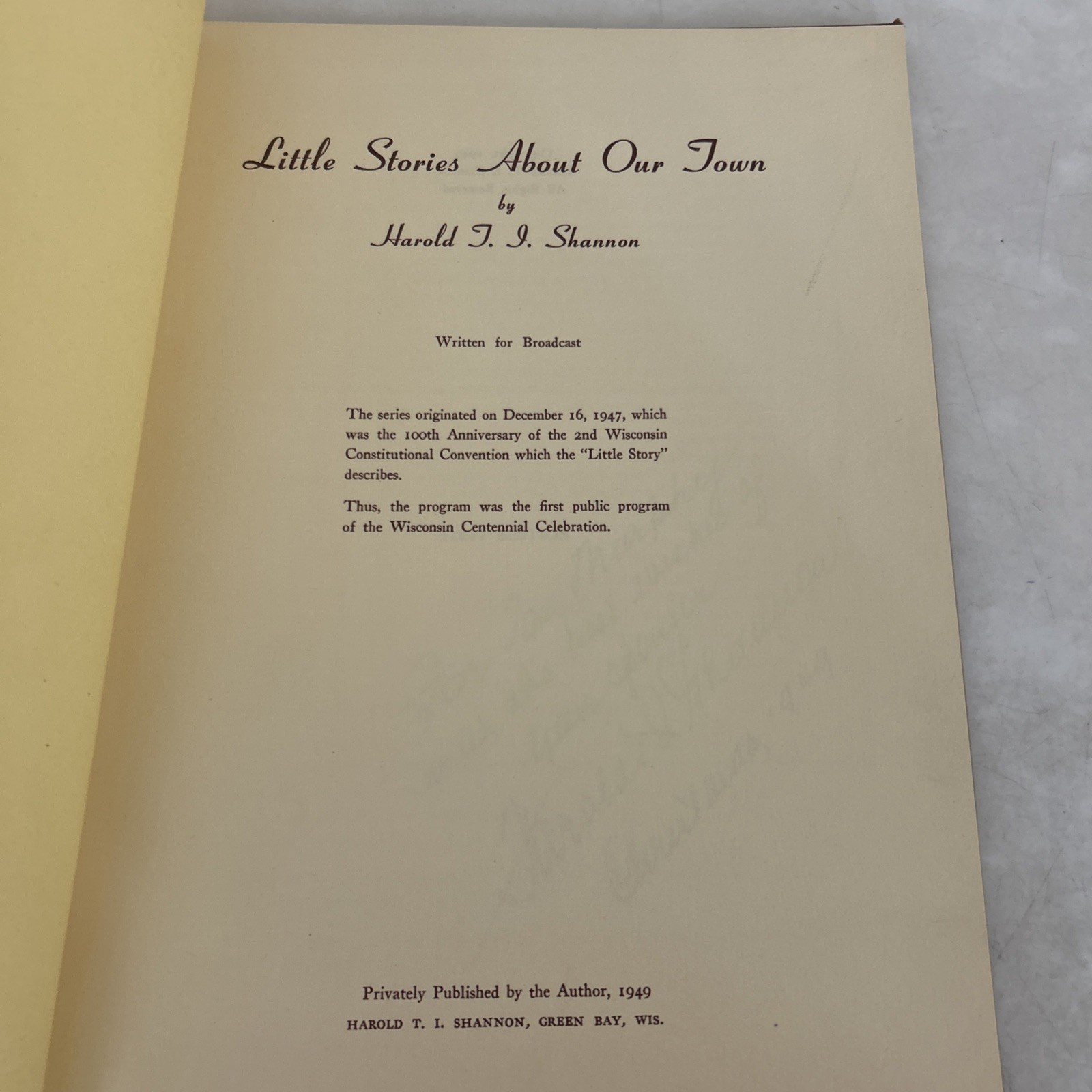 Little Stories About Our Town Harold Shannon – Green Bay Wisconsin inscribed