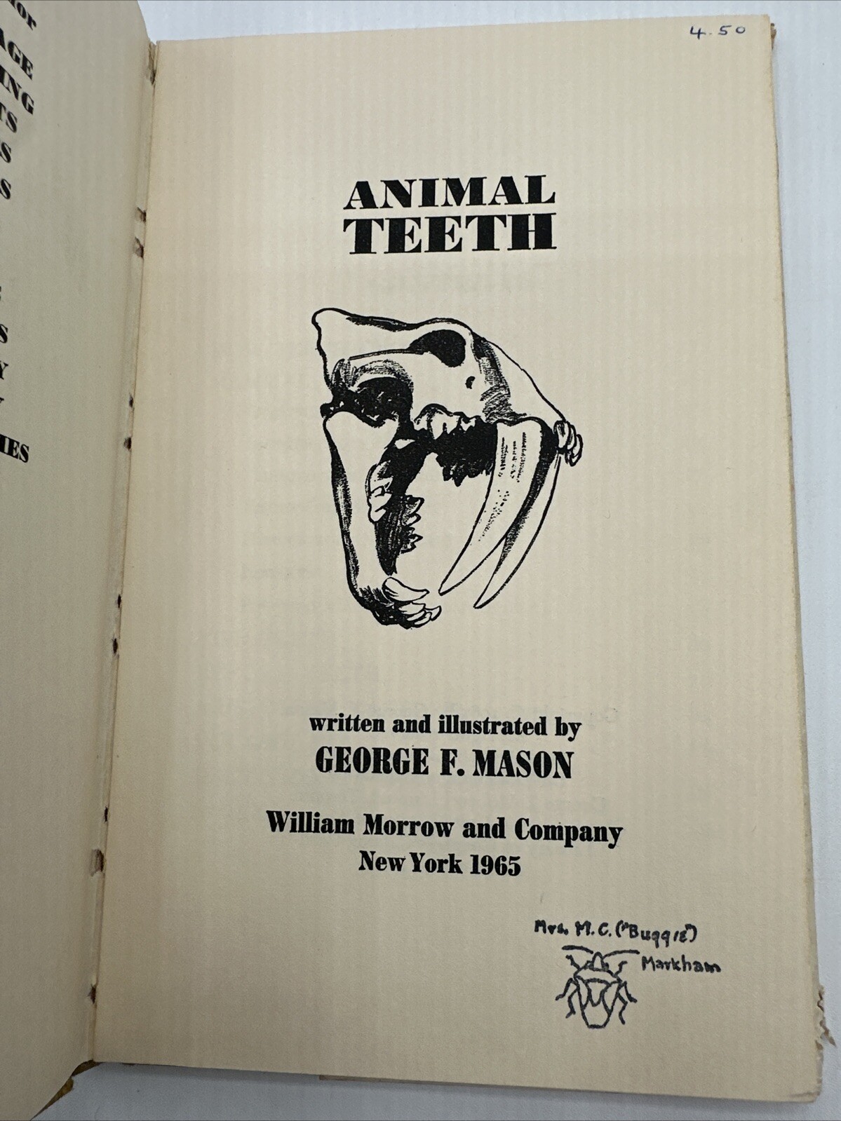 Animal Teeth George F Mason 1965 Hardcover 96 Pages Morrow Junior Books Library