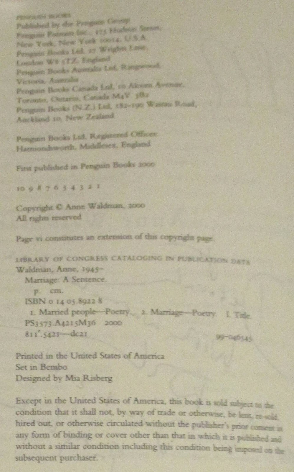 2000 Marriage: A Sentence by Anne Waldman SIGNED 116 Pages Haibun/Poetry RARE