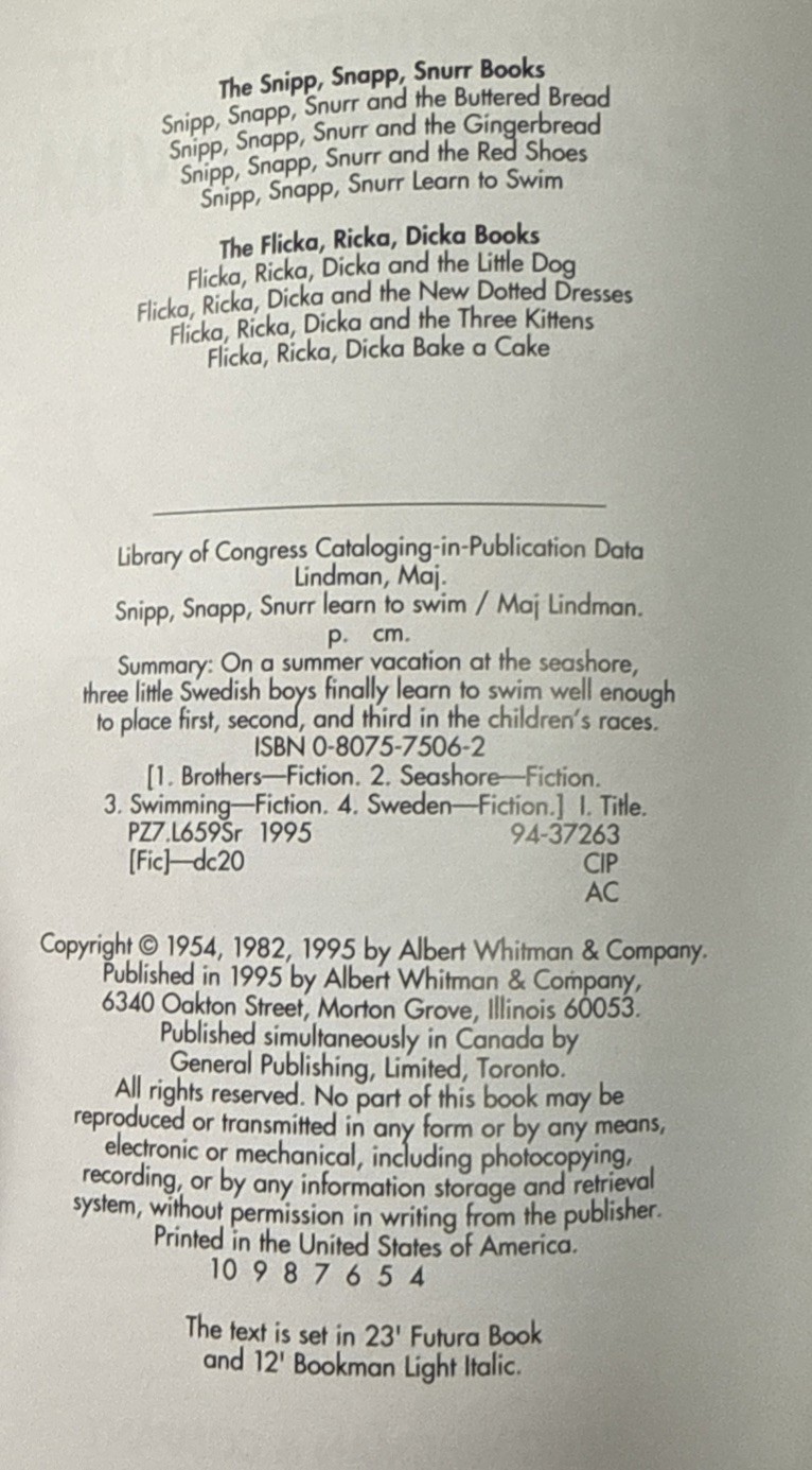 Snipp, Snapp, Snurr Learn to Swim by Lindman (1995, Trade Paperback)