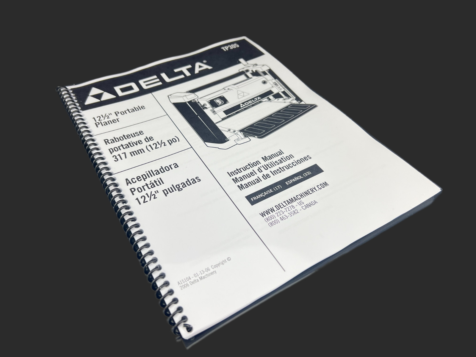 Delta TP305 Instruction Manual User Guide For 12″ Portable Planer Coil Bound