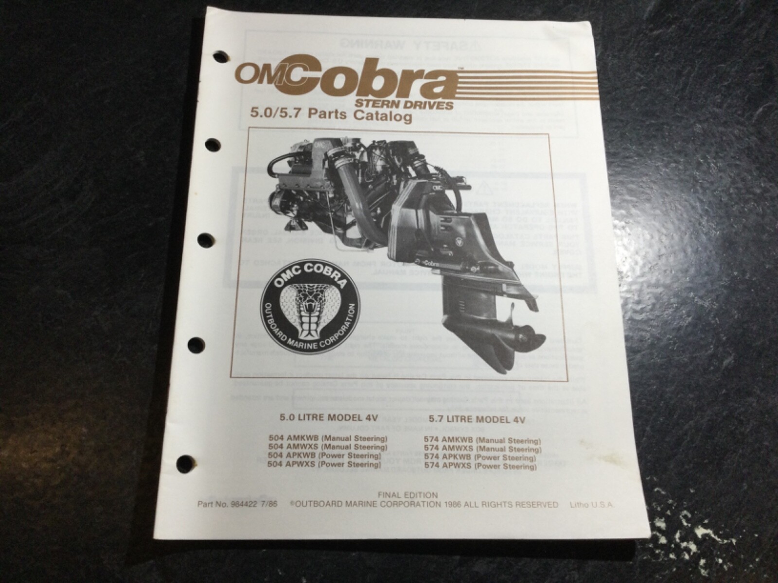 1986 OMC Cobra 5.0L & 5.7L V8 Stern Drive Parts Catalog GM 305 & 350 C.I 2V & 4V