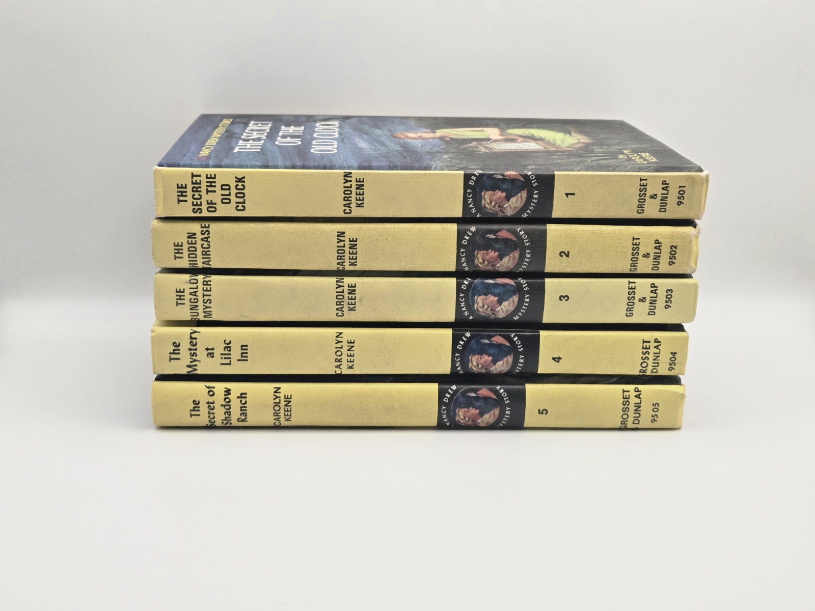 1 – 5 Set Nancy Drew Yellow Hardcover Books Edition Carolyn Keene Vintage