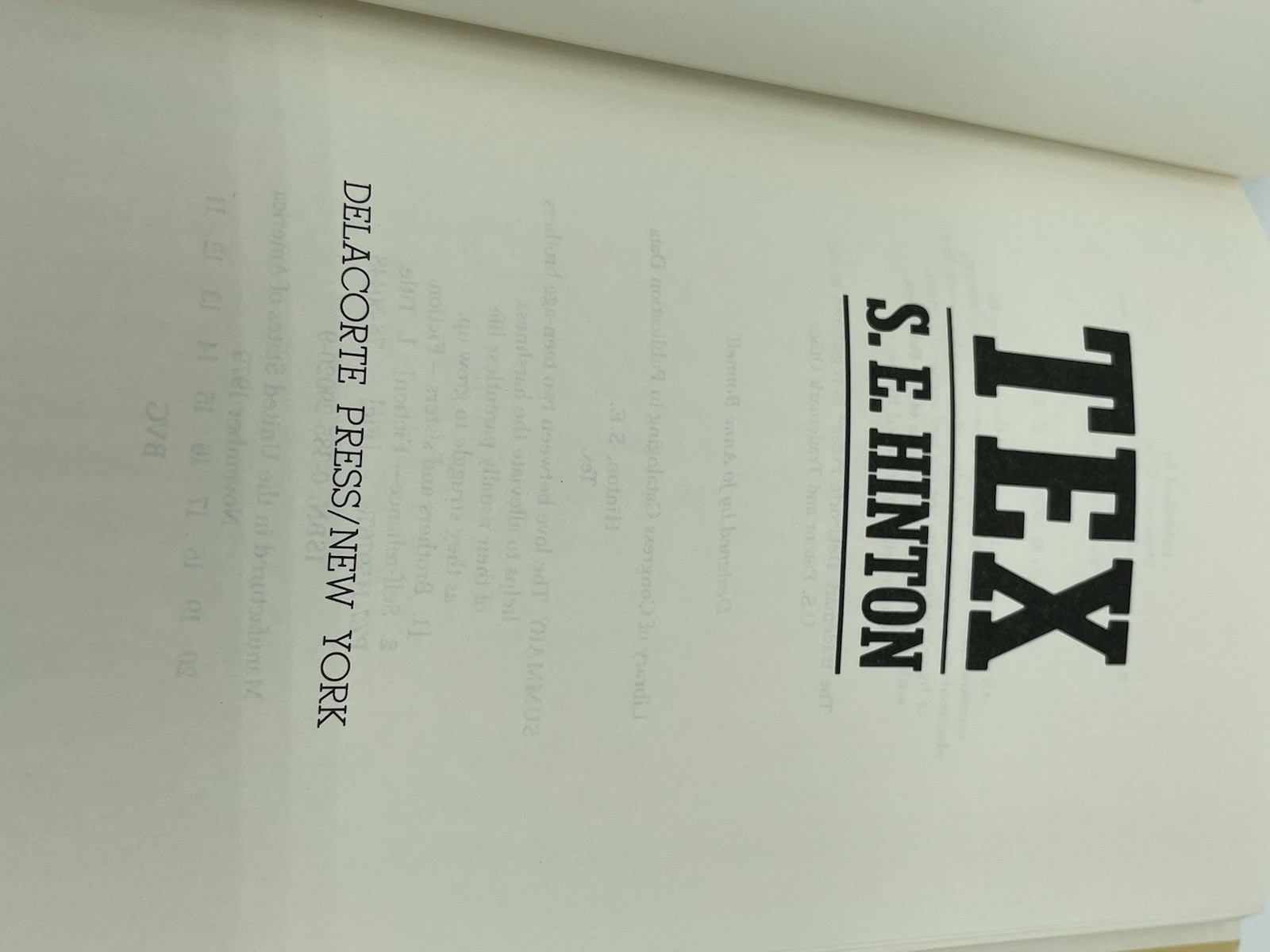 Tex S.E. Hinton 1979 1st Ed Eleventh Printing Delacorte Press HCDJ Ex Library