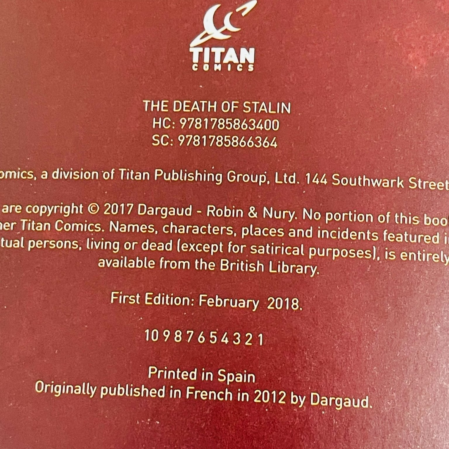The Death of Stalin, Nury Robin 2018 First Edition Graphic Novel Titan Comics