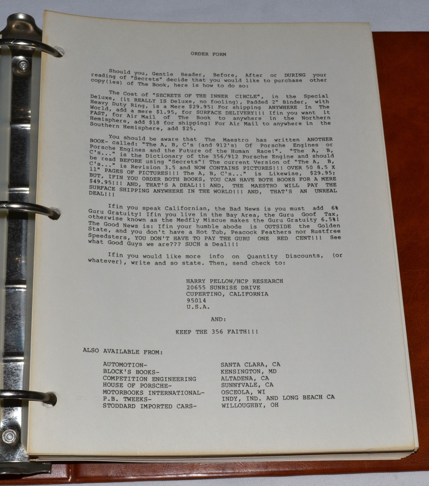 Harry Pellow SECRETS OF THE INNER CIRCLE Porsche 356/912 Engine Guide Manual 1.1