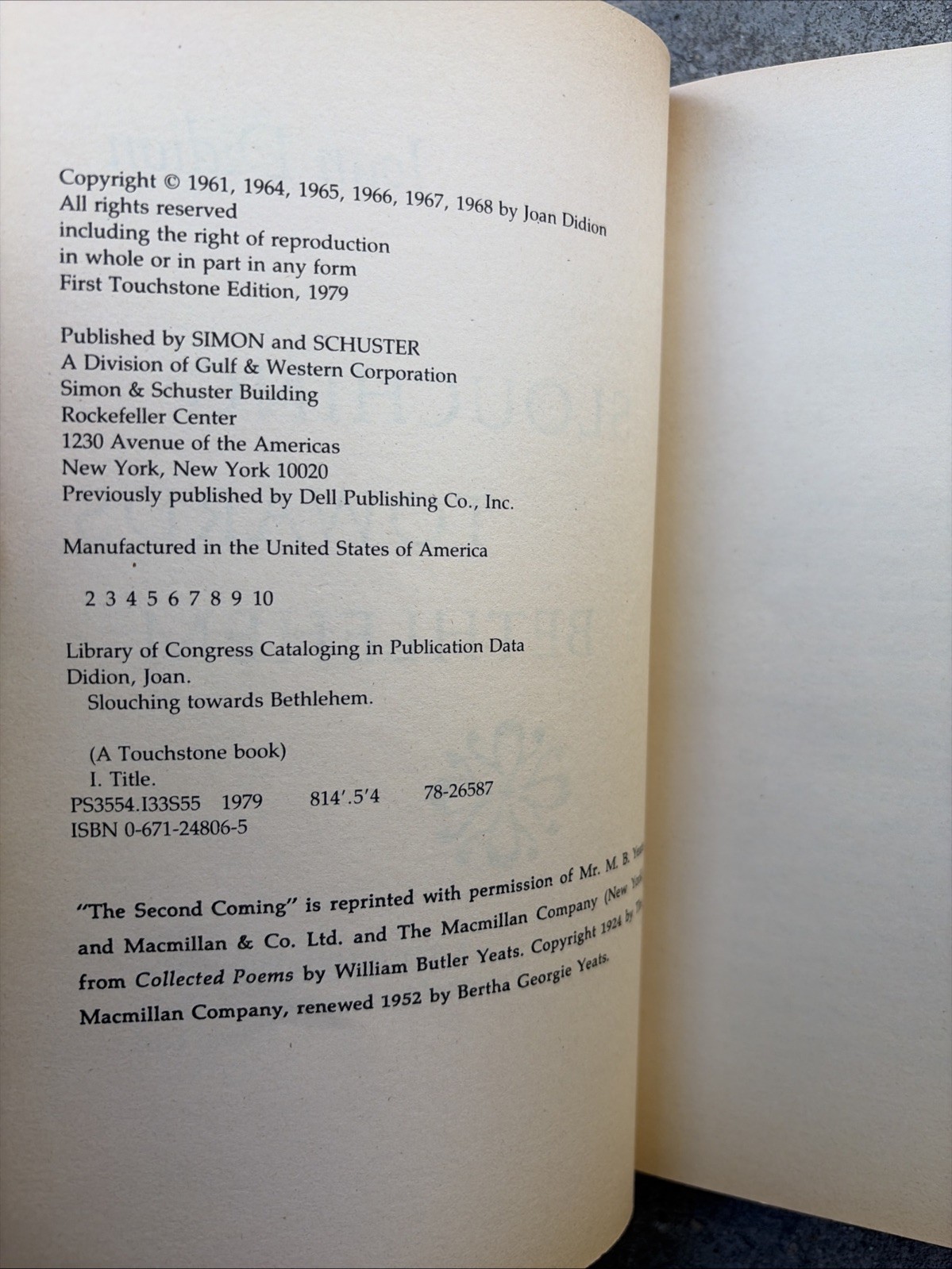 Joan Didion, Slouching Towards Bethlehem. ’79 Touchstone Trade Paperback