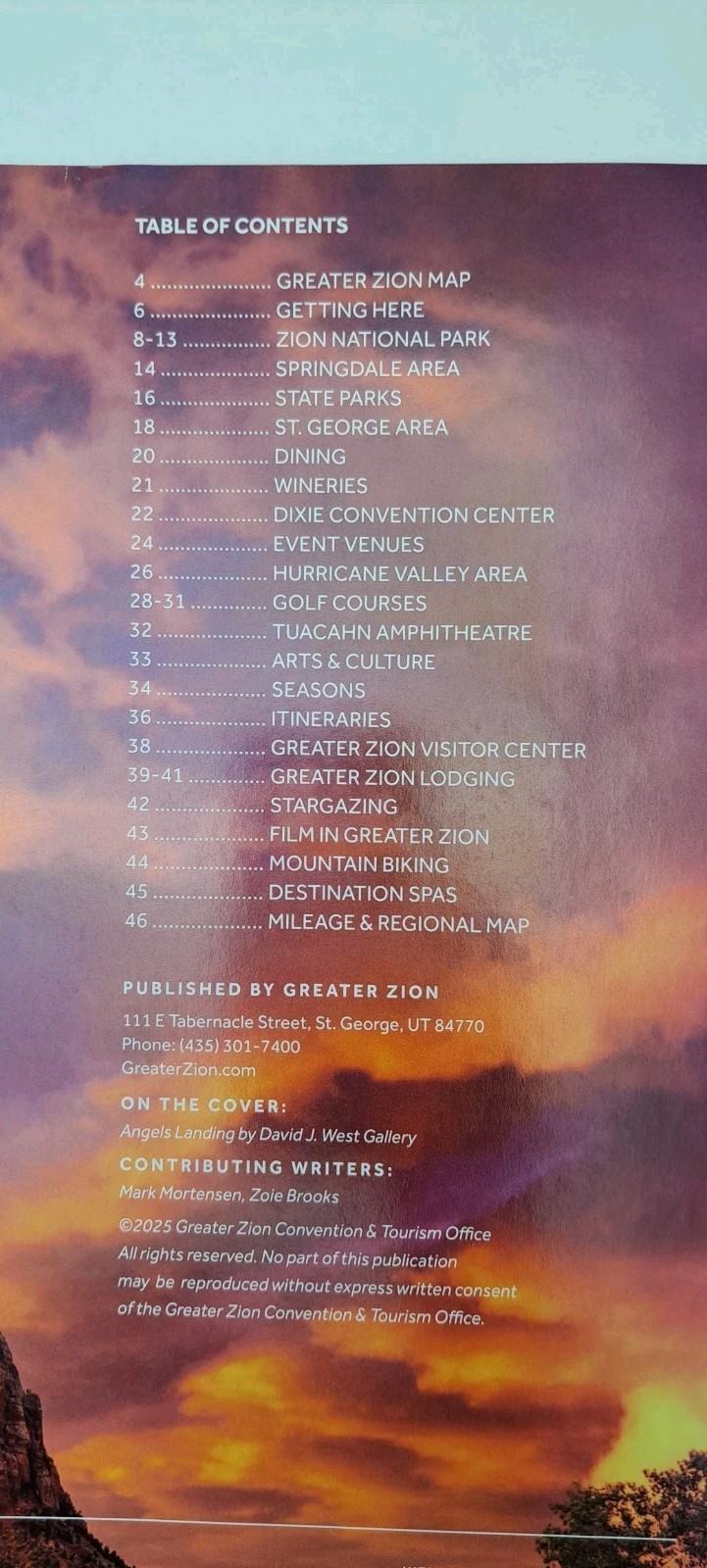 Greater Zion Tourism Official Visitor Guide Map 47 Pages, Staple Bound 2025