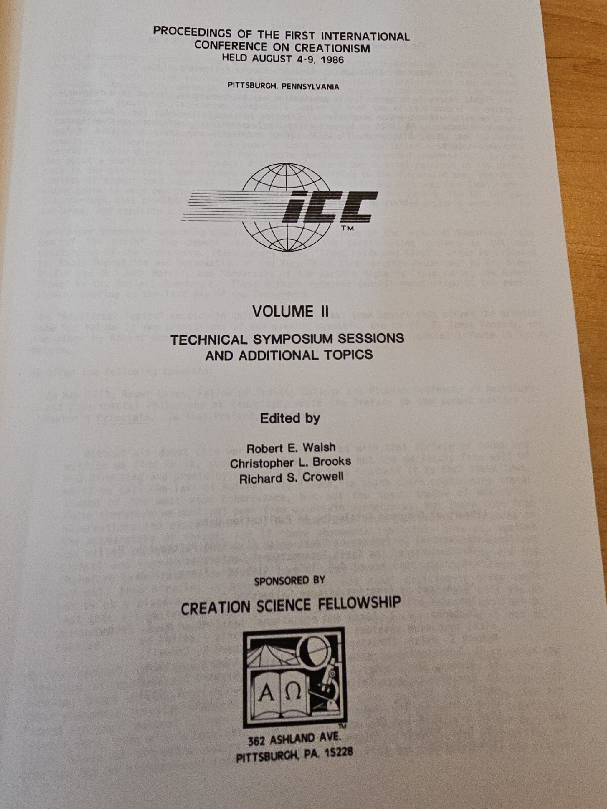 Proceedings Of The First International Conference On Creationism ICC Vol I & II