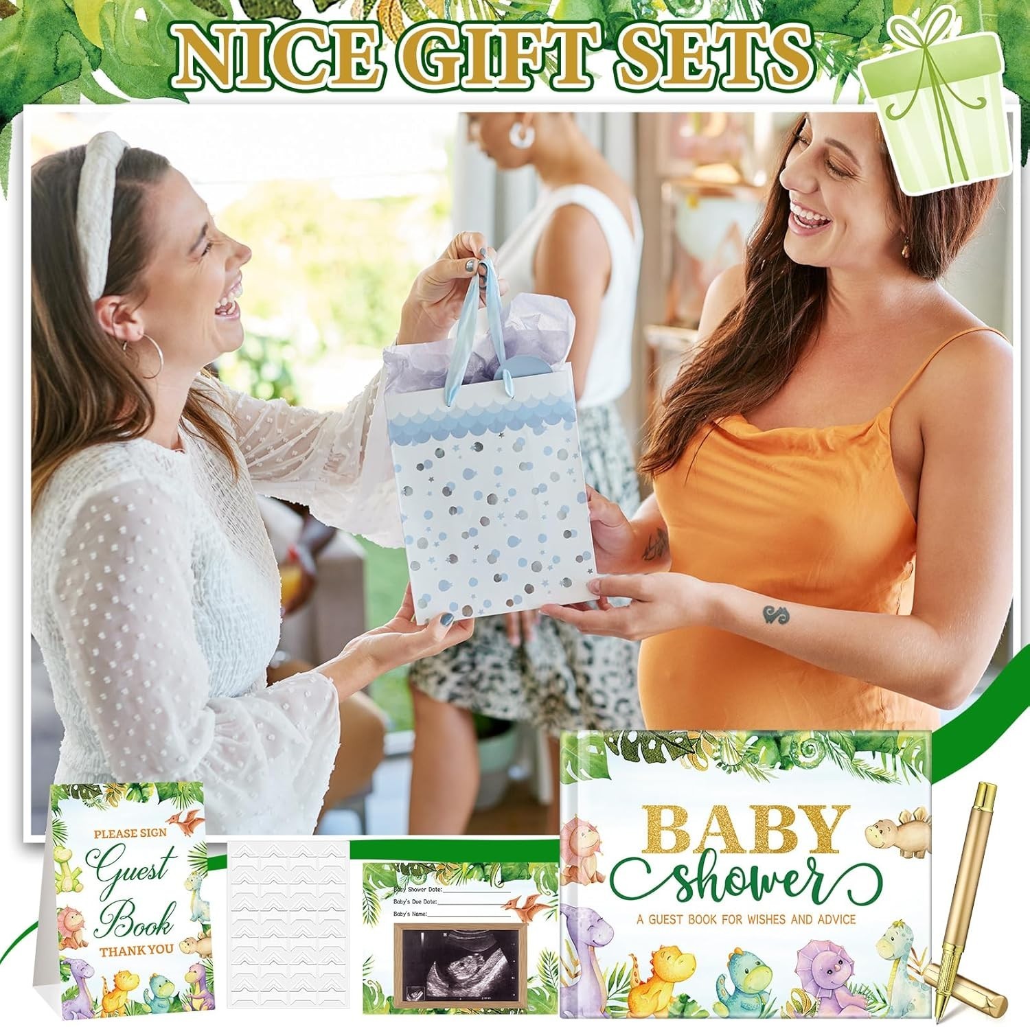 Delicate Dinosaur-Themed Baby Shower Guest Book with Golden Pen & Photo Corners