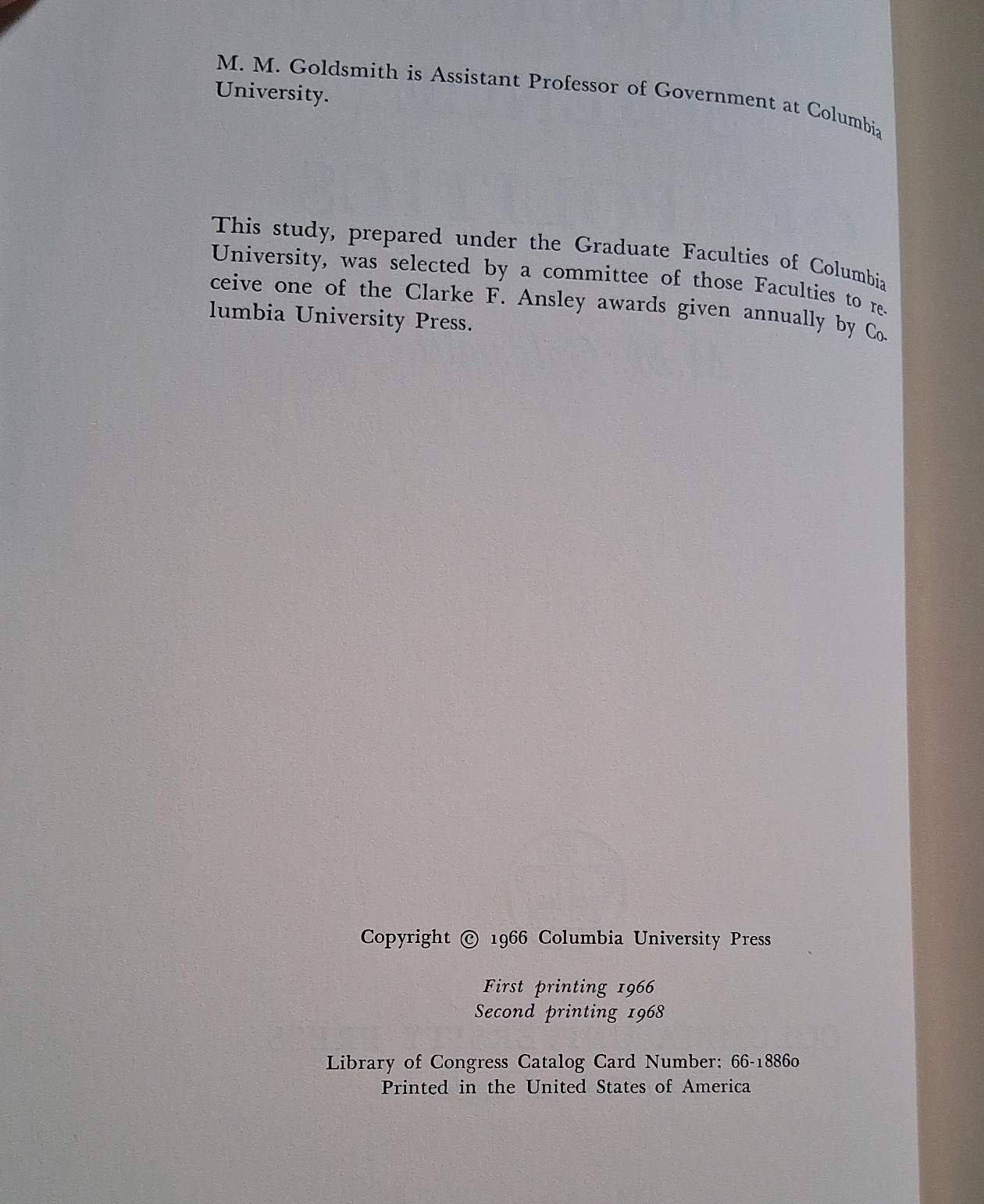 Hobbes’s Science of Politics M.M. Goldsmith 1968 Hardcover/DJ 2nd printing C.U.P