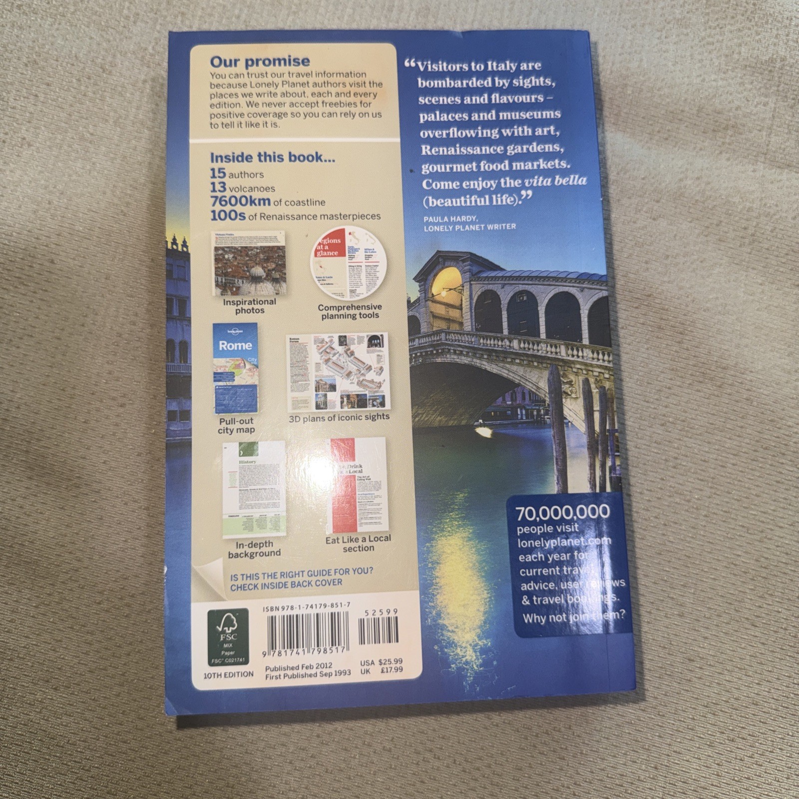 Lonely Planet Italy Travel Guide Book Rome Pull-Out Map Full Travel Advice