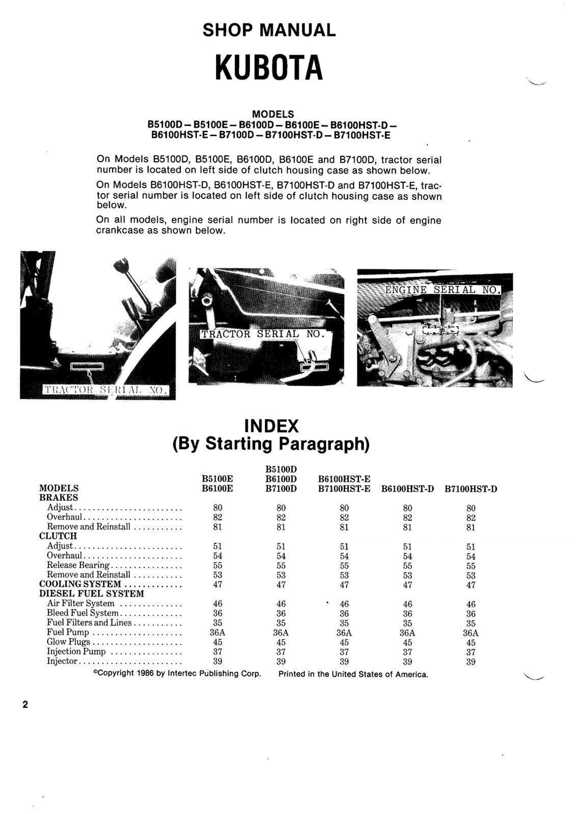 KUBOTA B5100D/E B6100D/E B6100HST-D/E B7100D B7100HST-D/E WORKSHOP MANUAL MANUAL