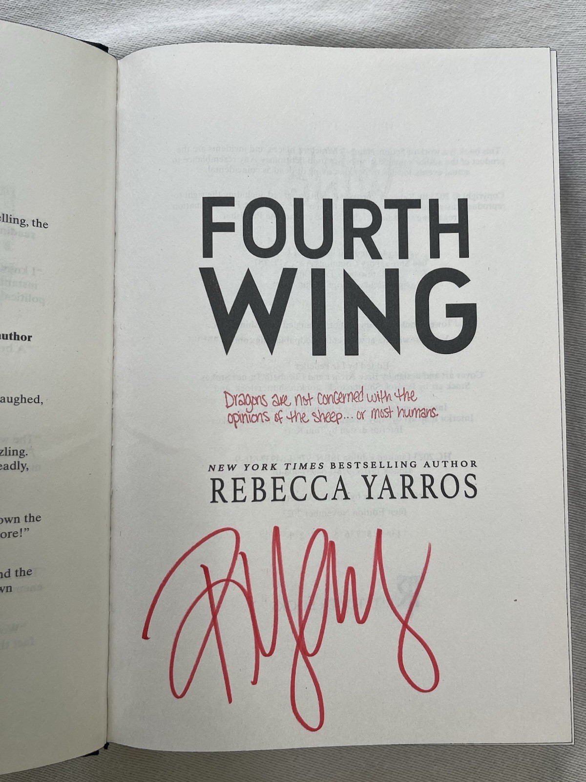Fourth Wing Holiday Edition Rebecca Yarros SIGNED & STAMPED QUOTE First Print