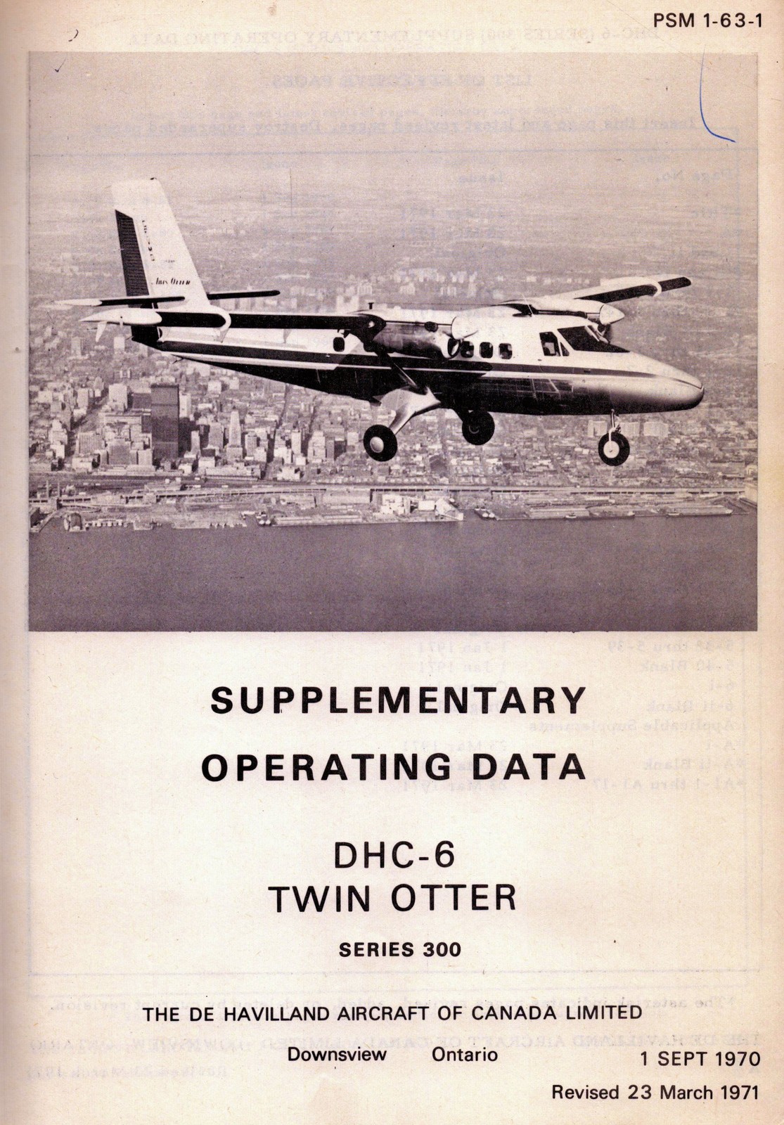 de HAVILLAND CANADA DHC-6 TWIN OTTER (Series 300) OPERATING DATA (1971) PSM 1-63
