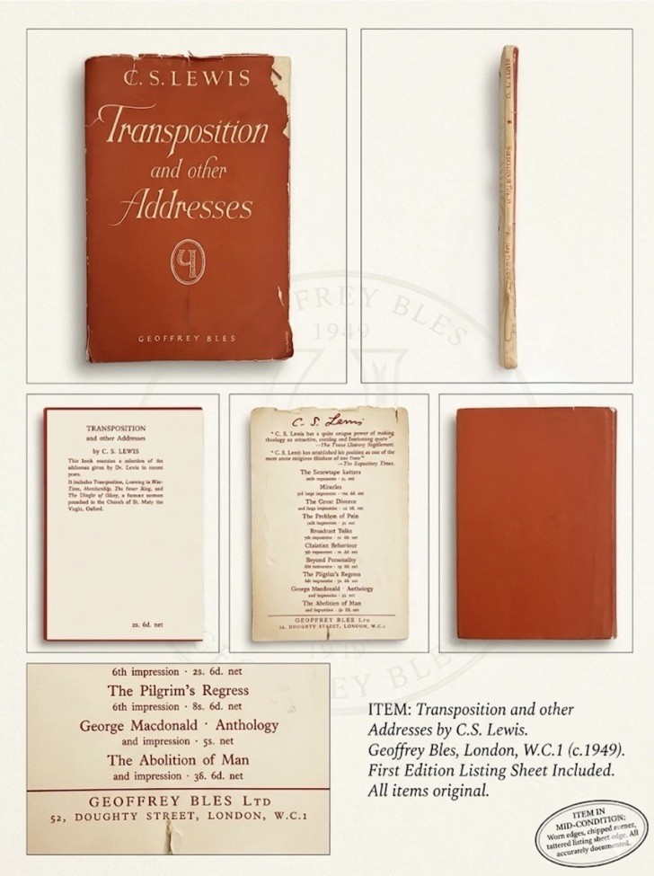 C. S. Lewis Transposition and Other Addresses Paperback First Edition 1949