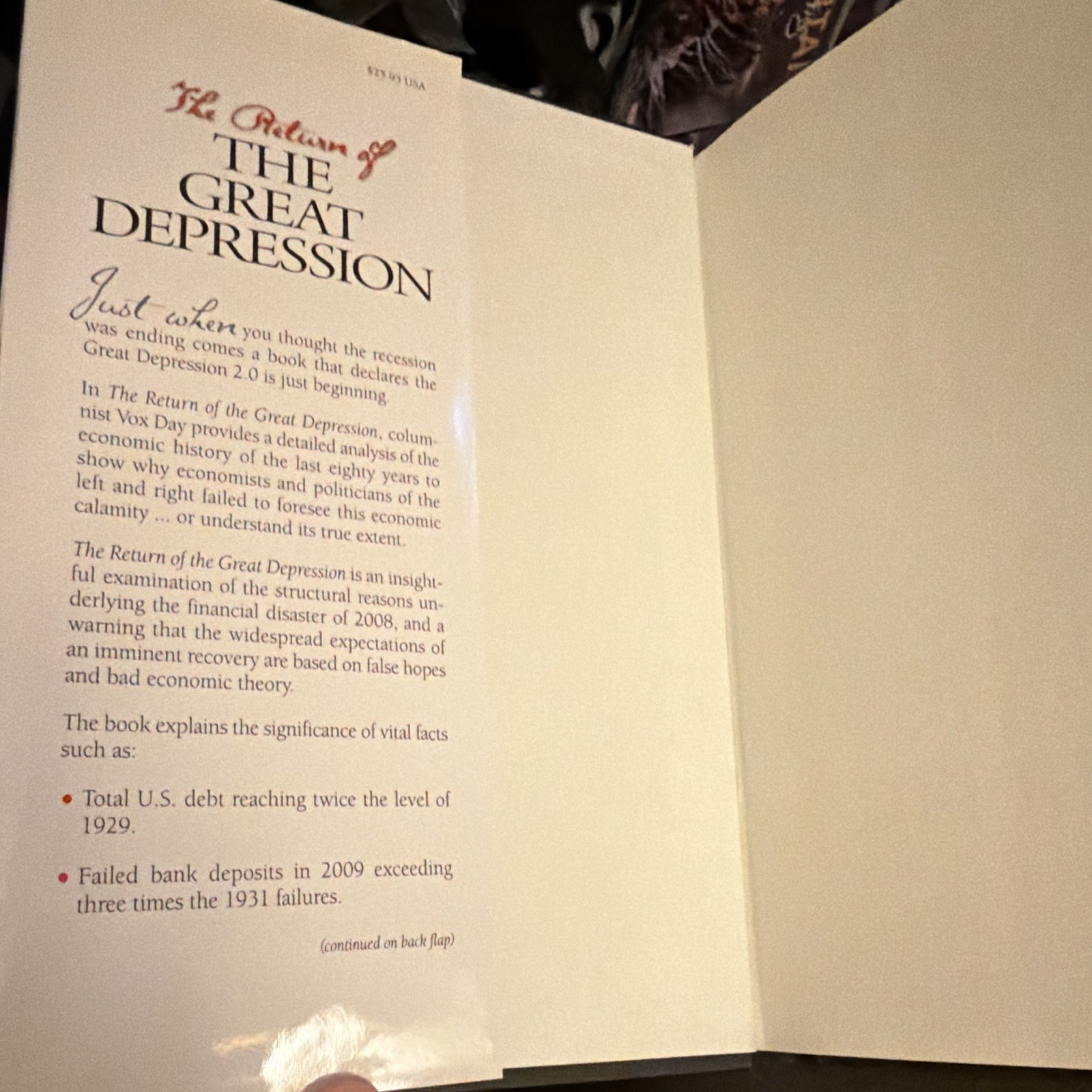 Vox Day The Return of the Great Depression HC Dust Jacket WND Books 2009
