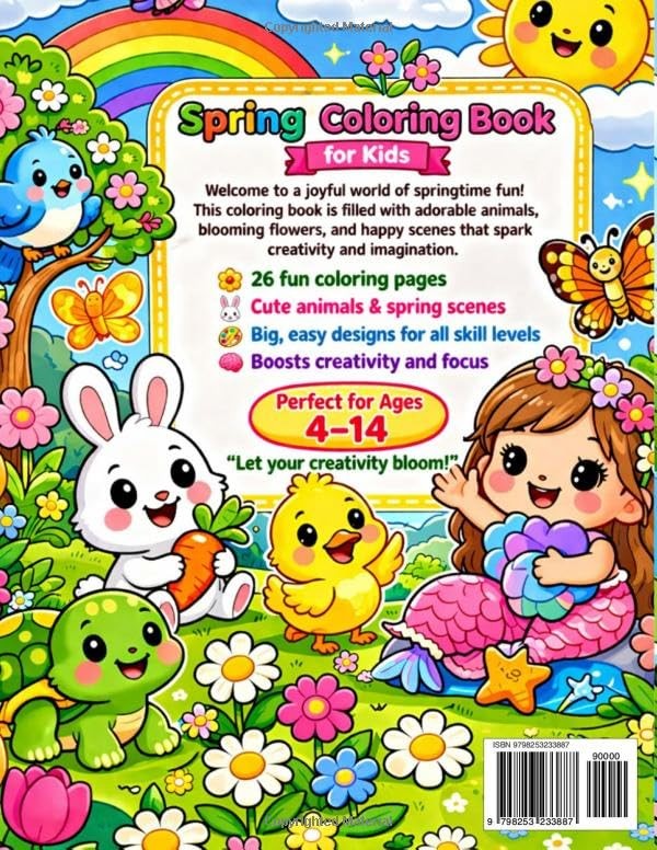 Spring Coloring Book for Kids 26 Pages Cute Animals Easy Fun