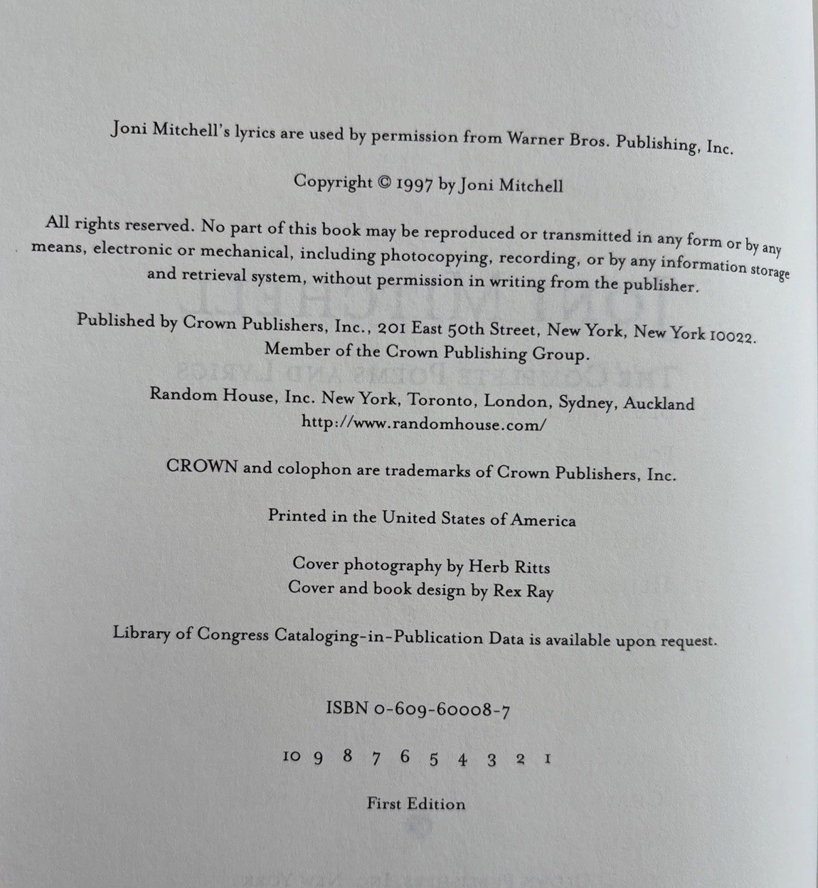 Joni Mitchell: The Complete Poems and Lyrics, 1st Edition, 1st Print 1997 HC-DJ