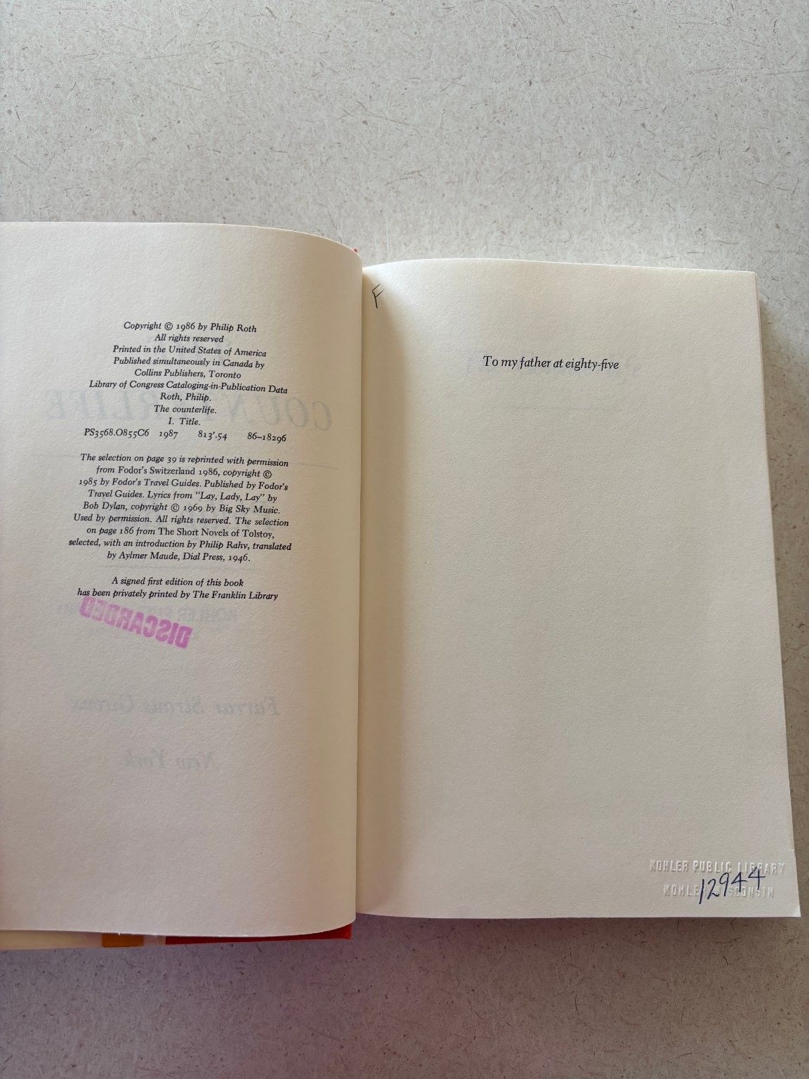 The Counterlife Philip Roth 1986 First Edition Farrar Straus Giroux Novel