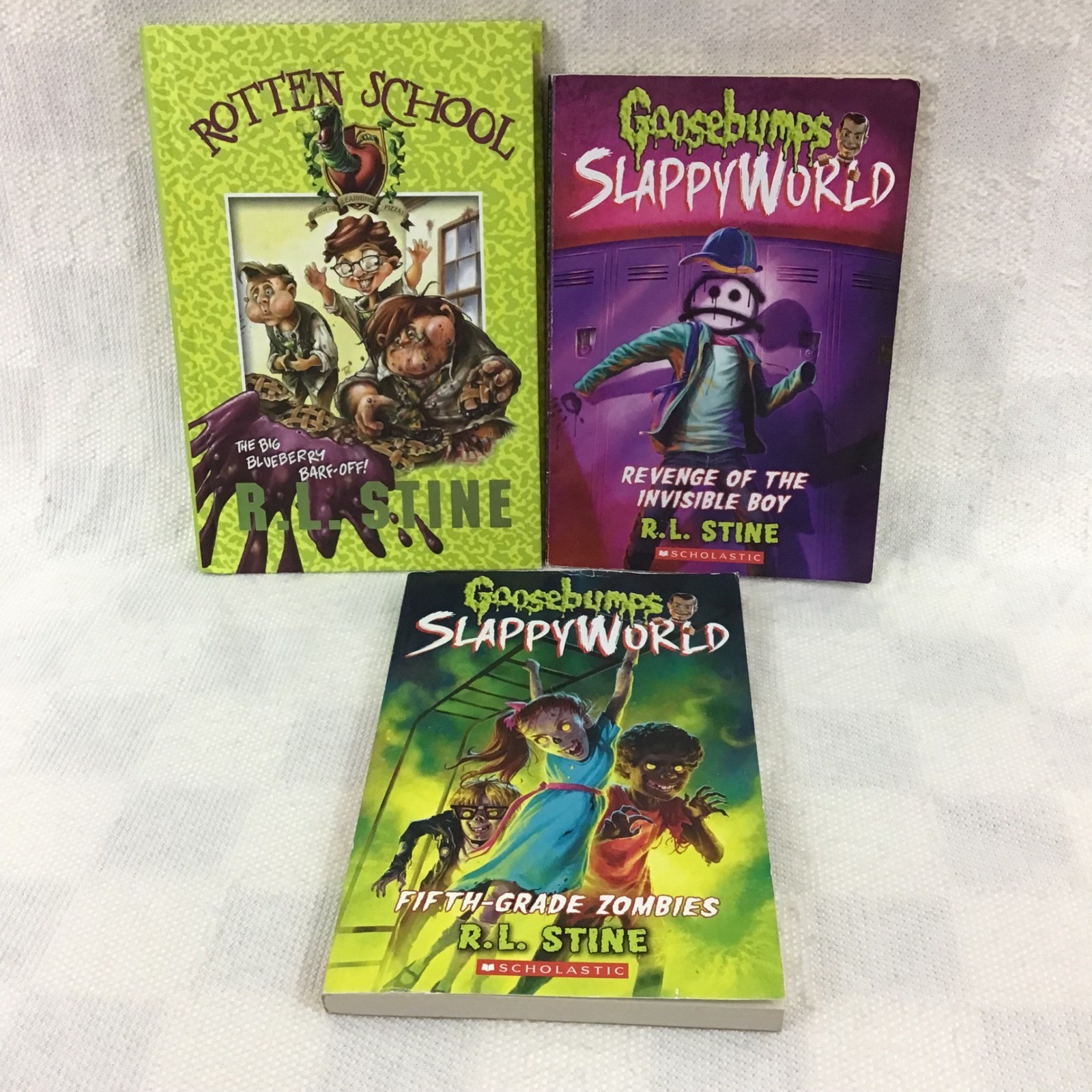 RL Stine Book Lot Goosebumps SlappyWorld 9 14 Rotten School 1 Paperback 3 Books