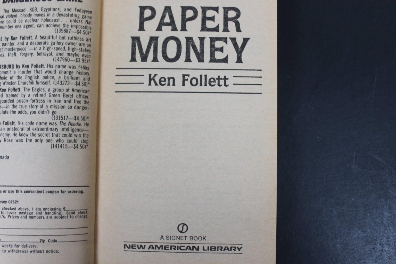 Paper Money Ken Follett 1987 First Signet Printing Thriller Suspense NAL PB