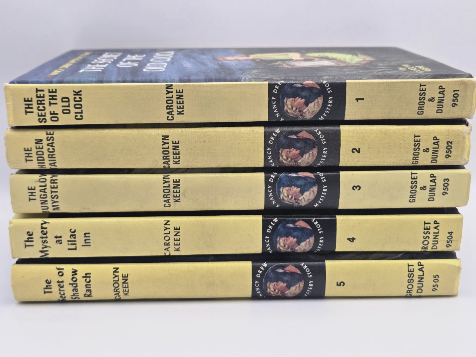 1 – 5 Set Nancy Drew Yellow Hardcover Books Edition Carolyn Keene Vintage