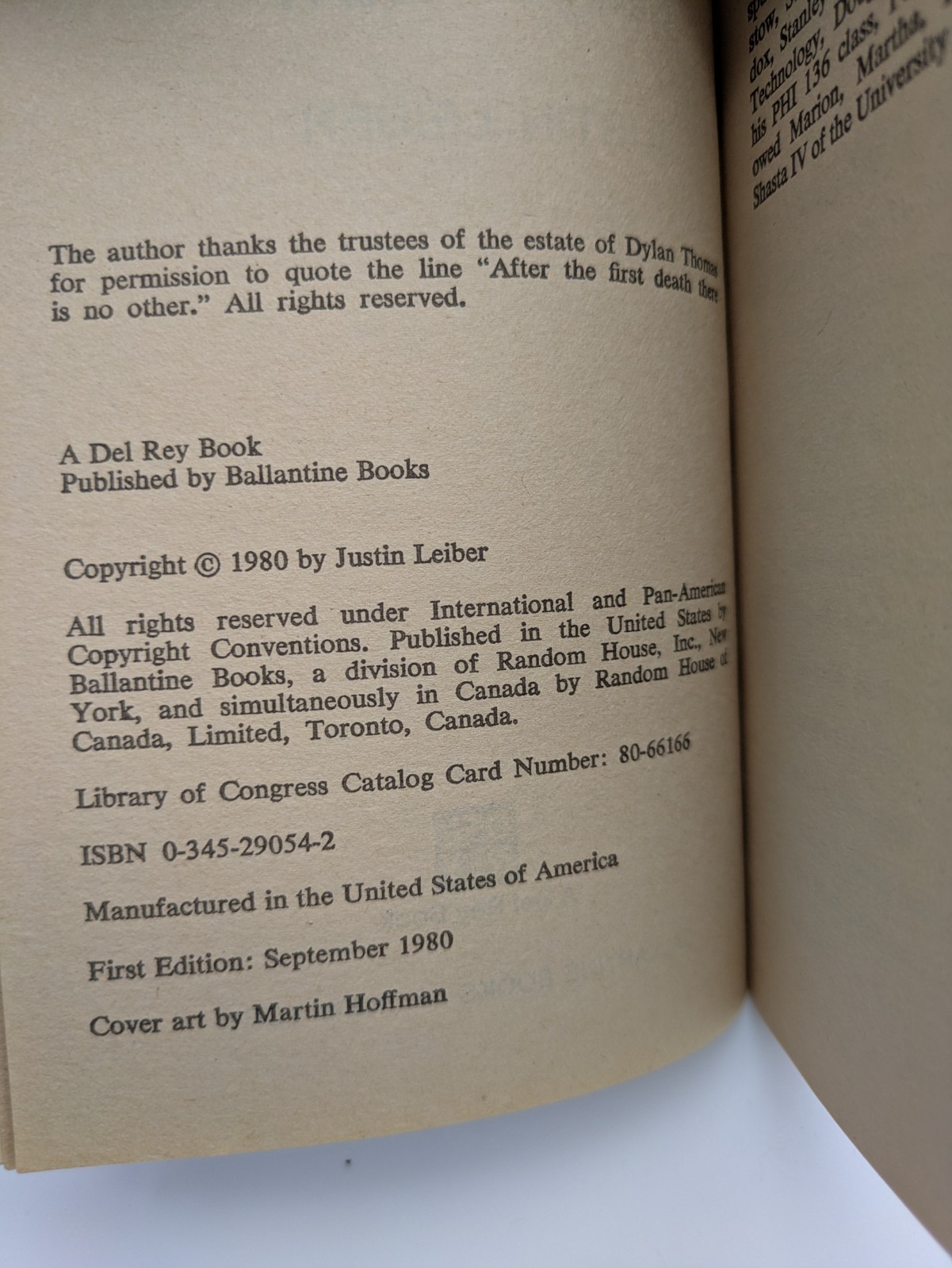 JUSTIN LEIBER Beyond Rejection VINTAGE PAPERBACK BOOK Del Rey 1980 Sci-Fi 1st