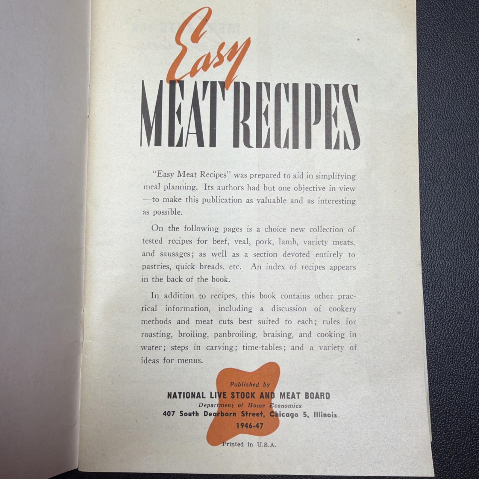 Vintage „Easy Meat Recipes“ Cookbook 1940’s 39 pages beef pork lamb