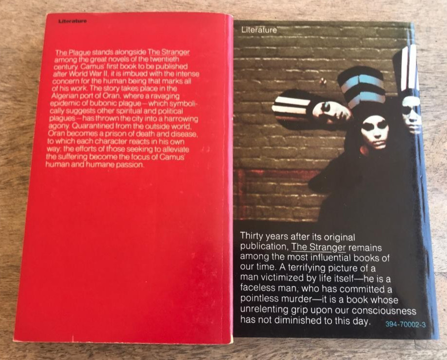 2 ALBERT CAMUS NOVELS ~ THE PLAGUE & THE STRANGER ~ MAN’S STRUGGLES WITH MANKIND