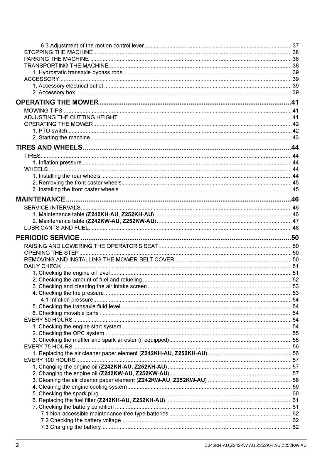 KUBOTA Z242KH-AU Z242KW-AU Z252KH-AU ZERO TURN MOWER OPERATORS MANUAL – FASTENED