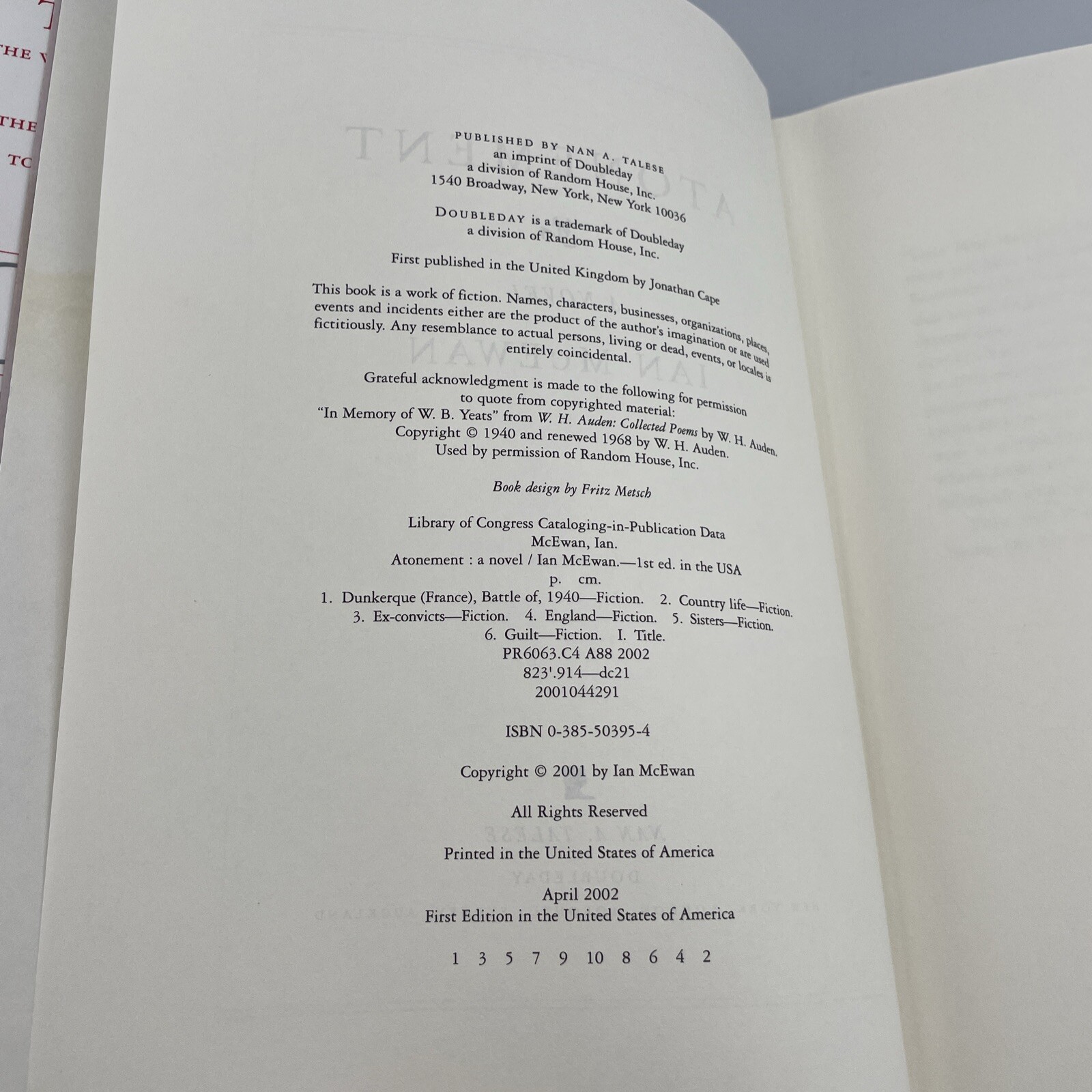 Atonement Ian McEwan. First US Edition 1st Printing, HCDJ 2001