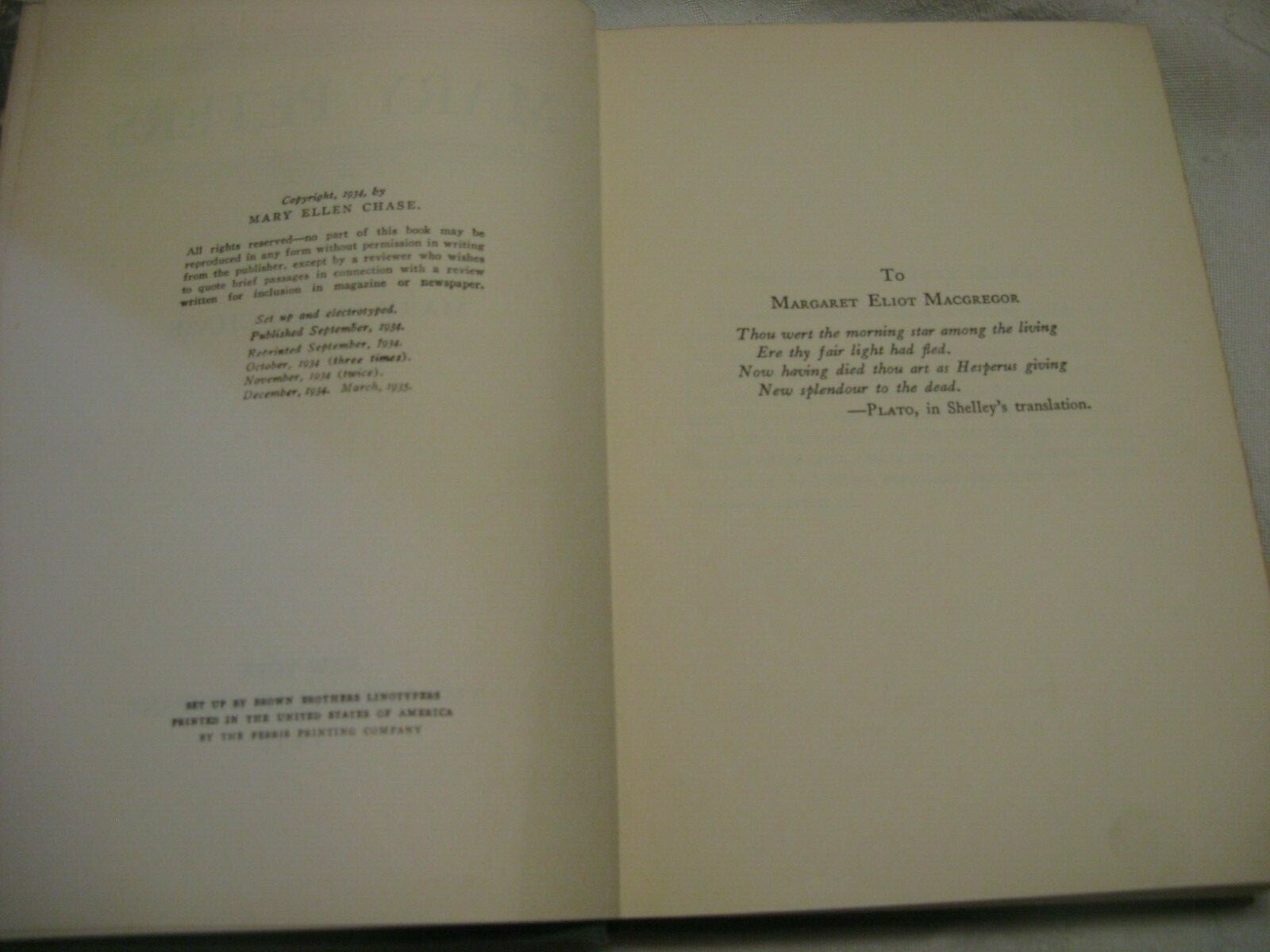 1935 MARY PETERS BY MARY ELLEN CHASE – THE MACMILLAN COMPANY HARDCOVER NO DJ