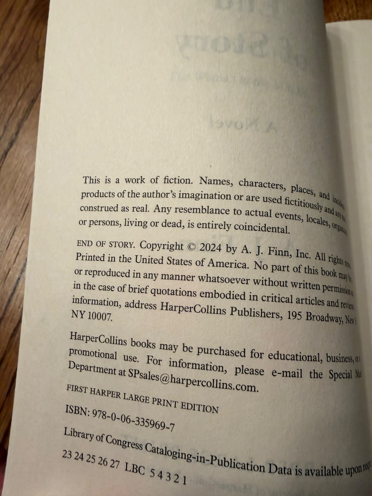 A. J. Finn – End of Story – LARGE PRINT – Paperback – Pre-owned