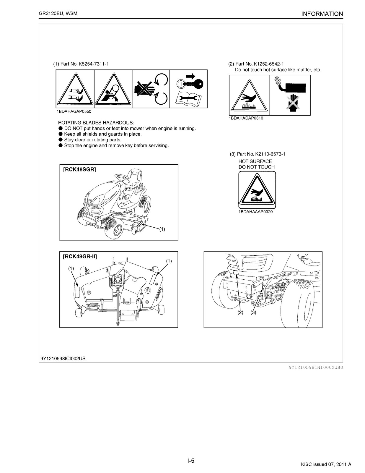KUBOTA GR2120EU Riding Mower Workshop Manual 2011 – BOUND – COVERS – XL FOLDOUTS