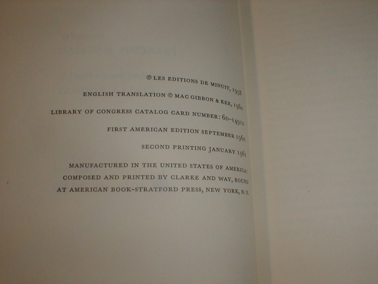 Night by Elie Wiesel Second American Printing 1961 Hill and Wang P. $3.00 intact
