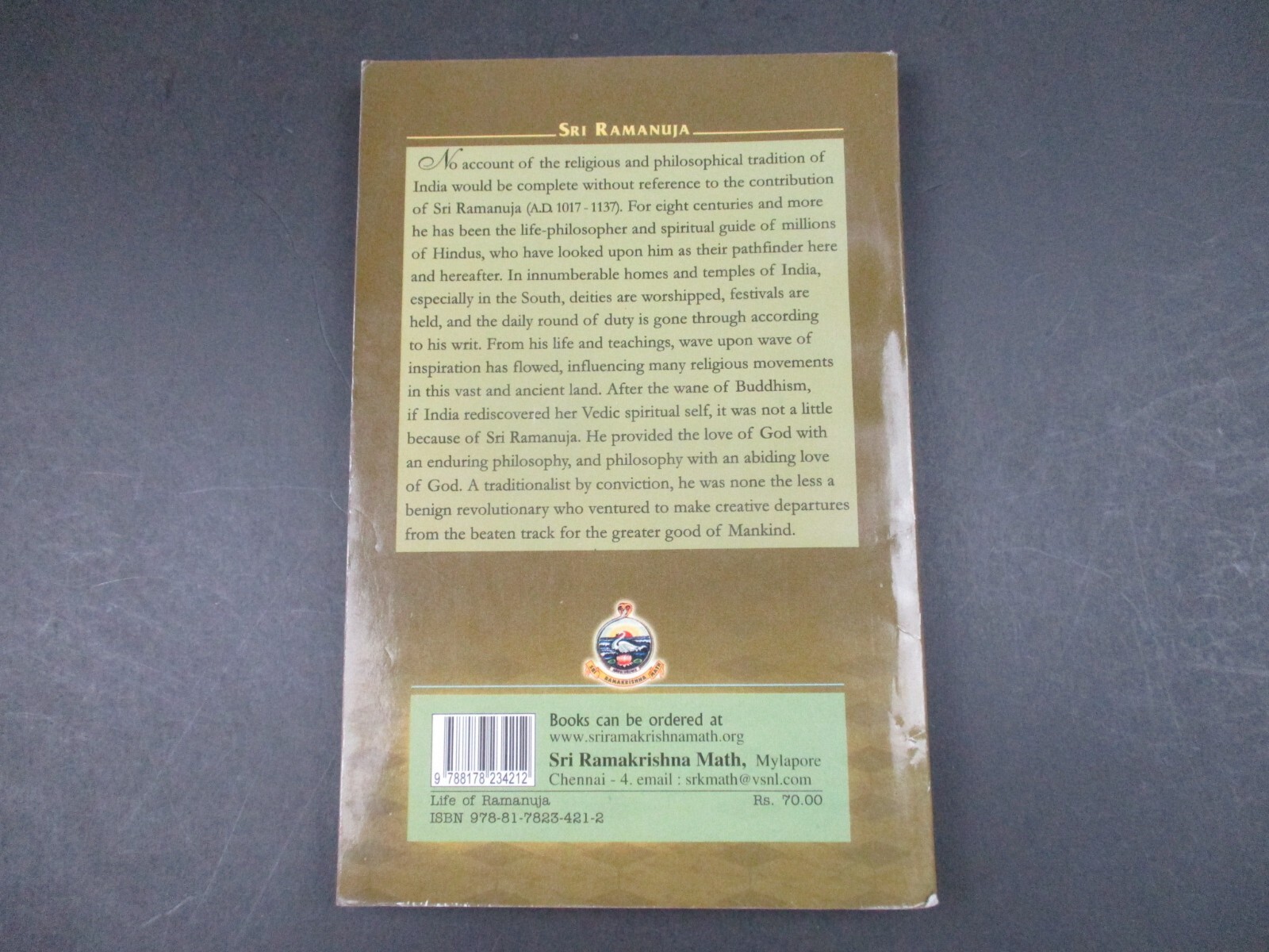 LIFE OF SRI RAMANUJA by Swami Ramakrishnananda Sri Ramakrishna Book Paperback