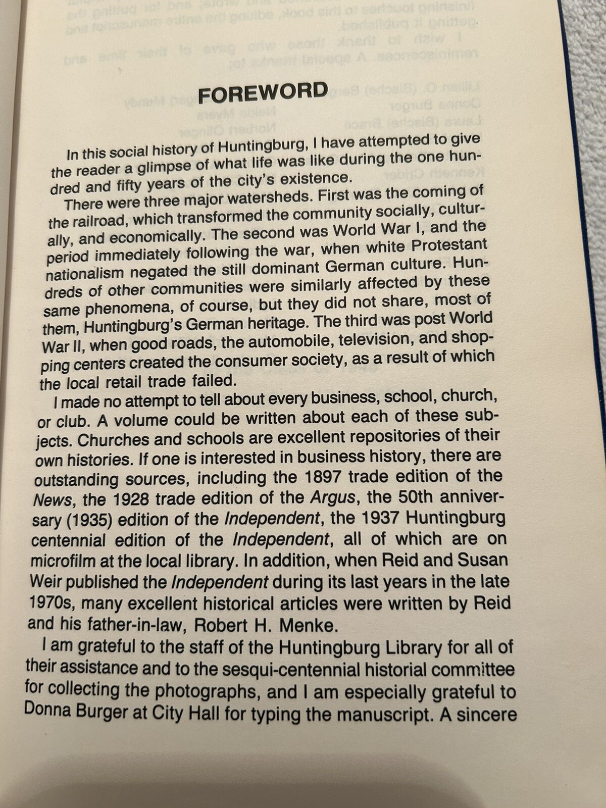 Vtg. Book History Of Huntingburg IN 1987 By Hugo C. Songer 288 Pages Illustrated